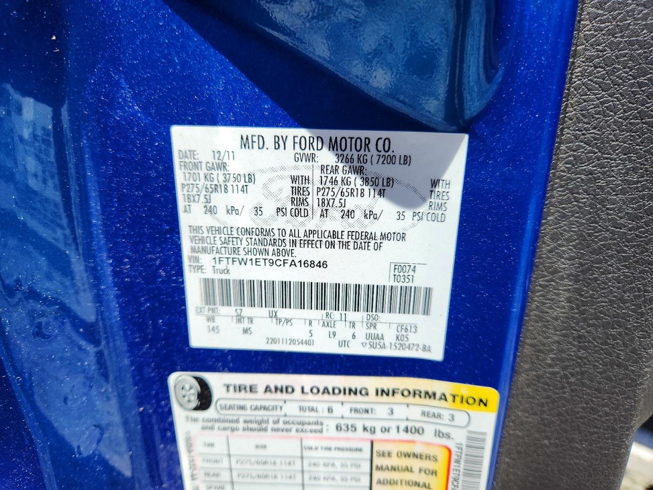 2012 Ford F150 Supercrew Blue vin: 1FTFW1ET9CFA16846