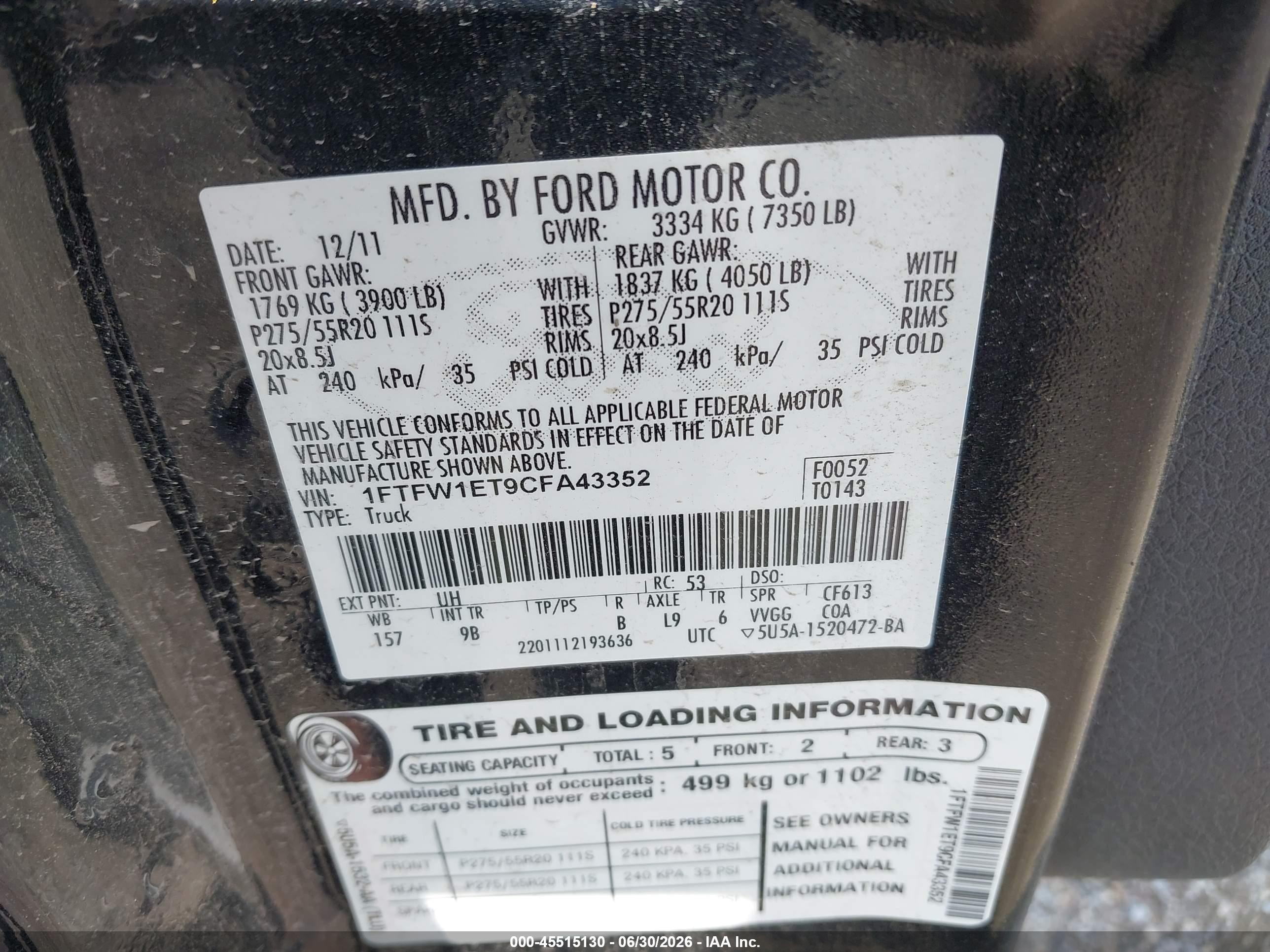 2012 Ford F-150 Platinum Black vin: 1FTFW1ET9CFA43352