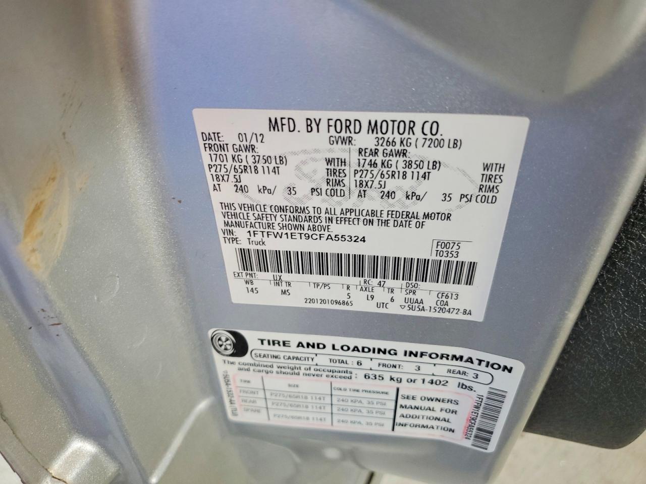 2012 Ford F150 Supercrew Silver vin: 1FTFW1ET9CFA55324