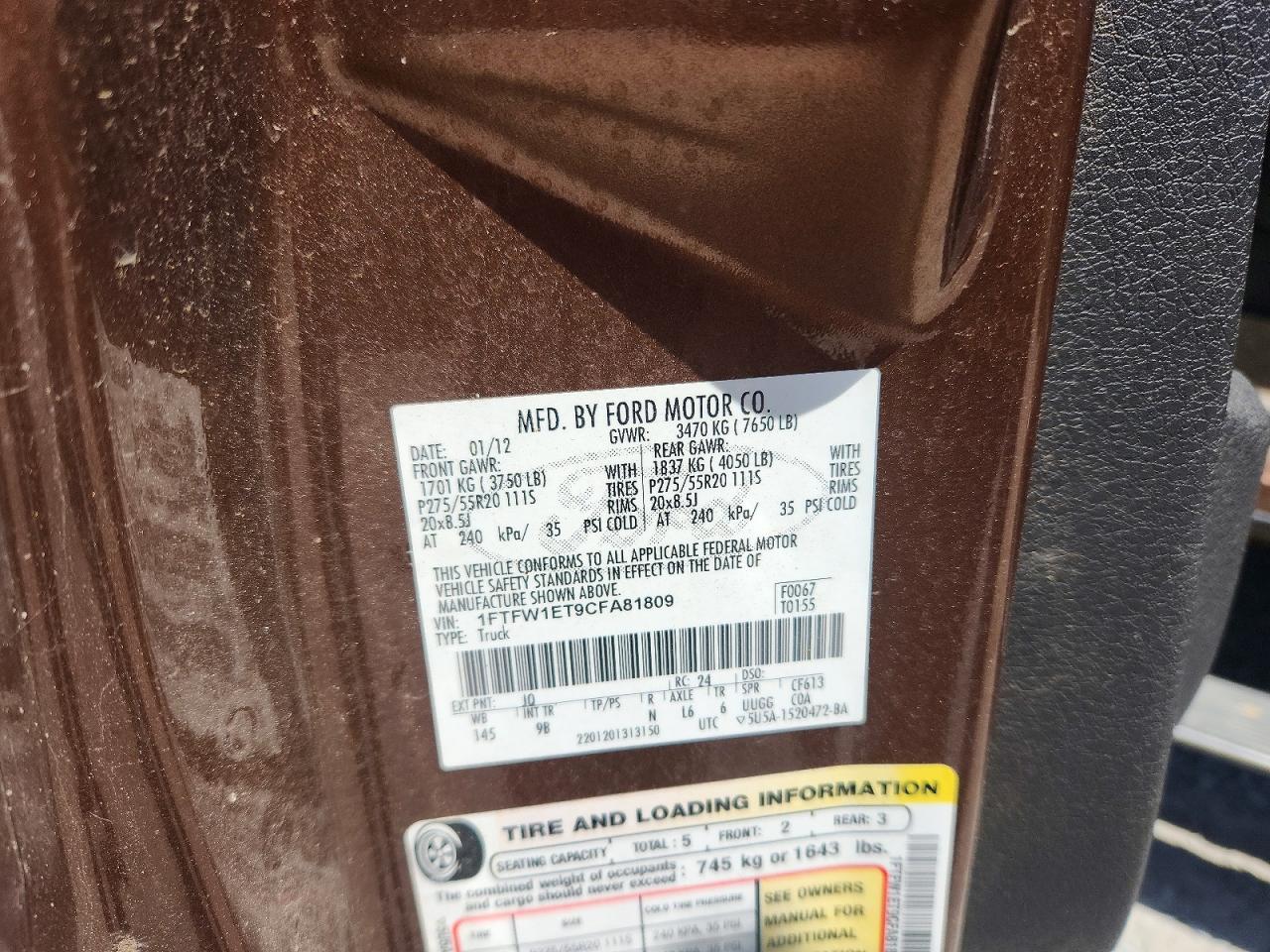 2012 Ford F150 Supercrew Brown vin: 1FTFW1ET9CFA81809