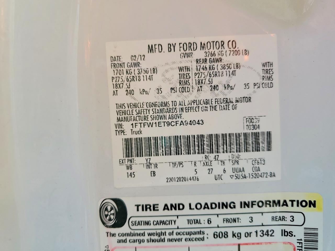 2012 Ford F150 Supercrew White vin: 1FTFW1ET9CFA94043