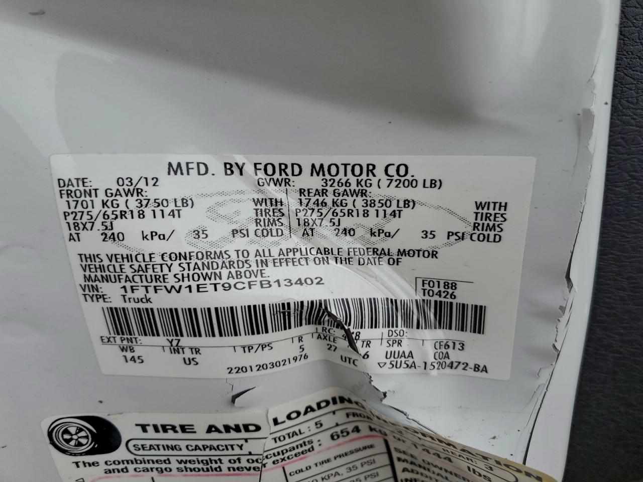 2012 Ford F150 Supercrew White vin: 1FTFW1ET9CFB13402