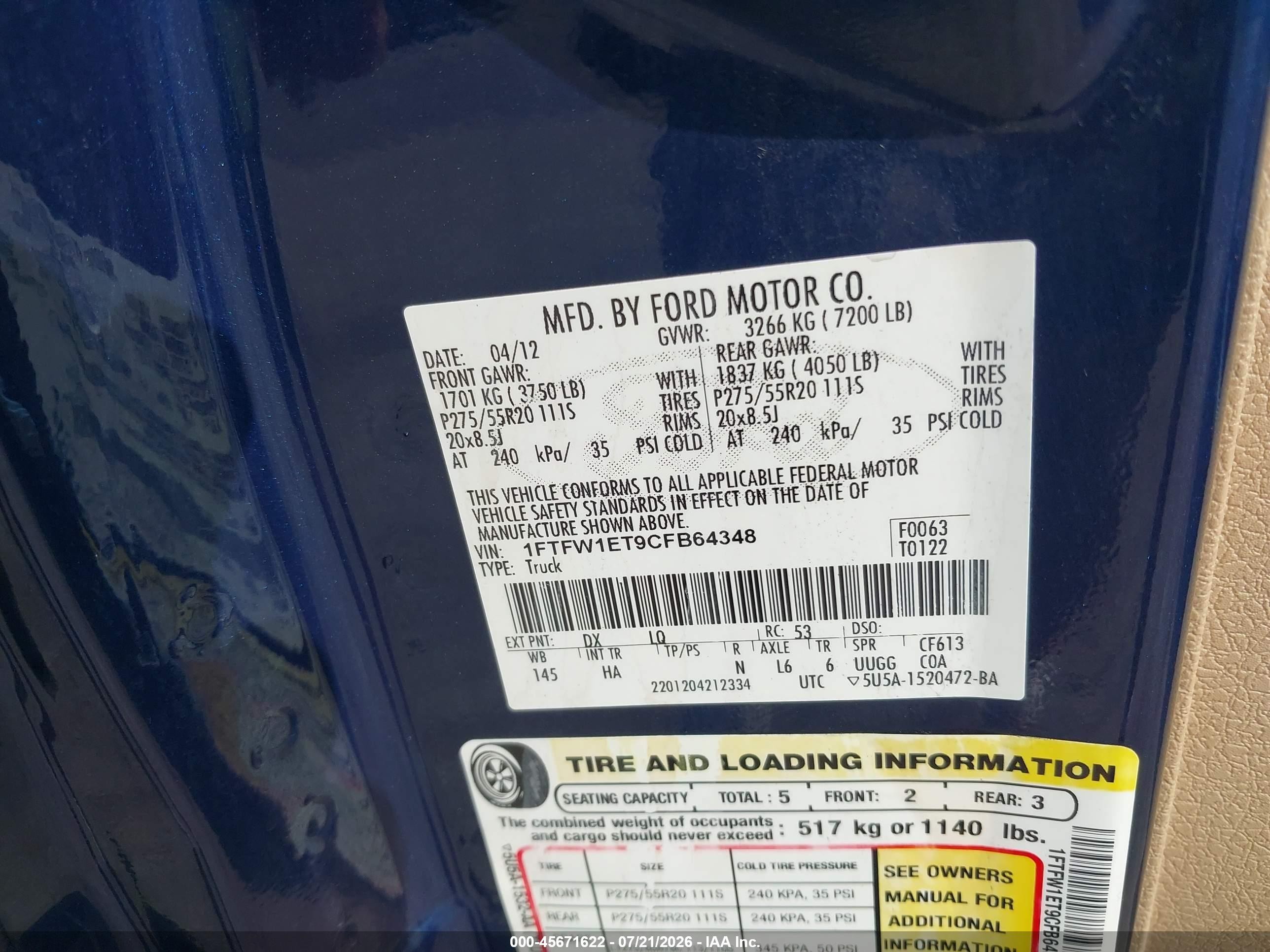 2012 Ford F-150 Lariat Blue vin: 1FTFW1ET9CFB64348