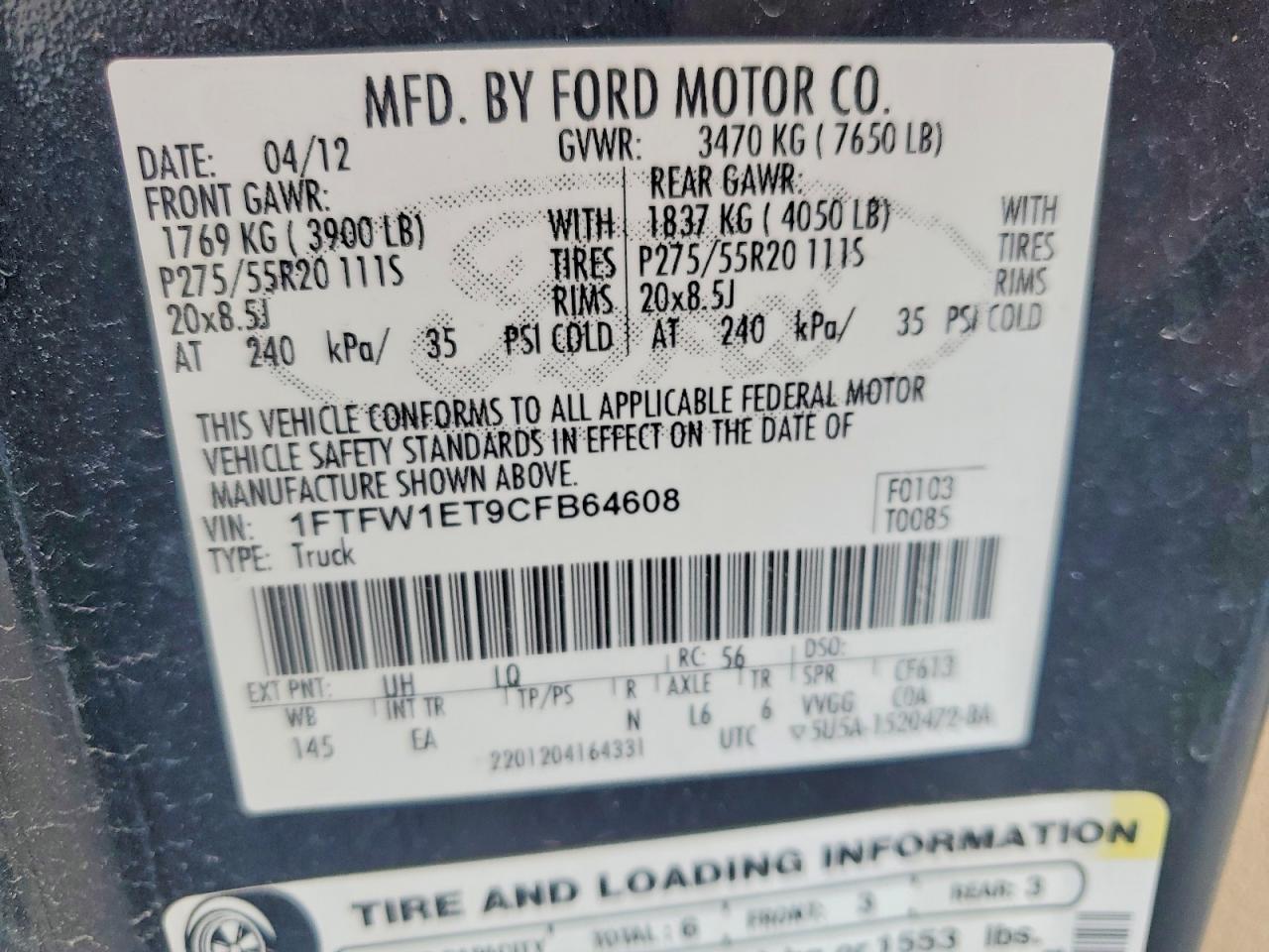 2012 Ford F150 Supercrew Черный vin: 1FTFW1ET9CFB64608