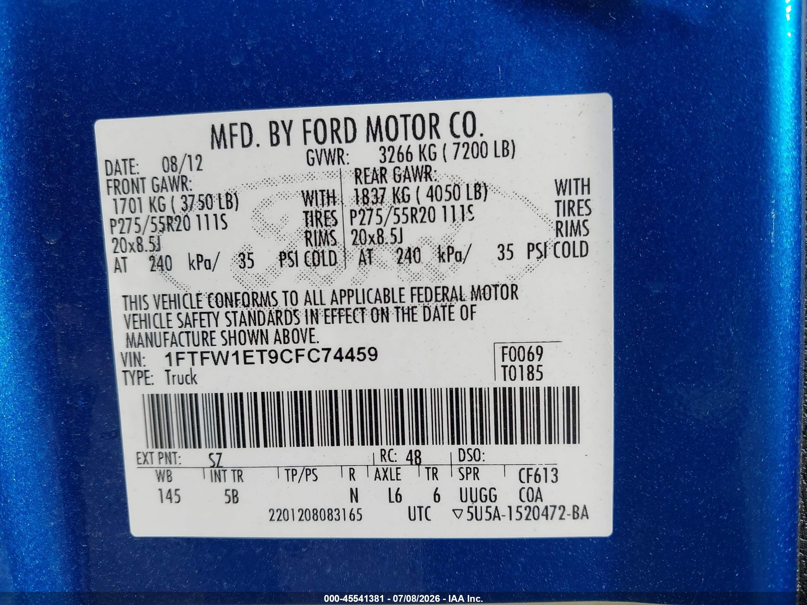 2012 Ford F-150 Fx4/king Ranch/lariat/platinum/xl/xlt Blue vin: 1FTFW1ET9CFC74459