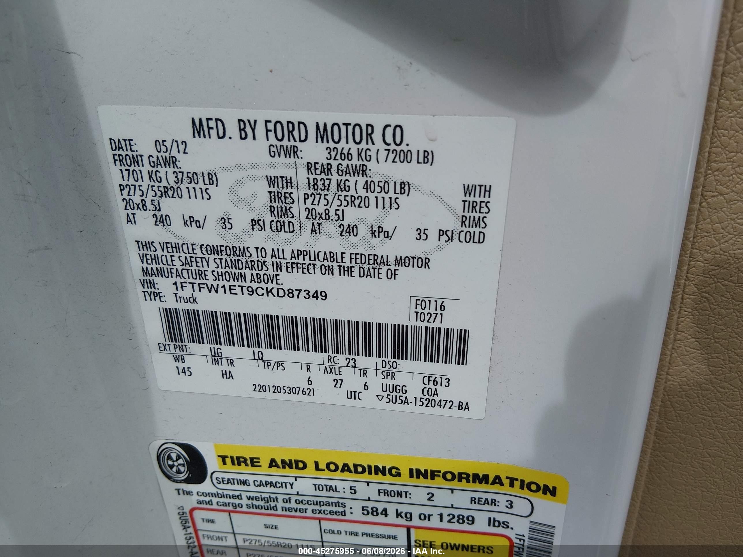2012 Ford F-150 Lariat White vin: 1FTFW1ET9CKD87349