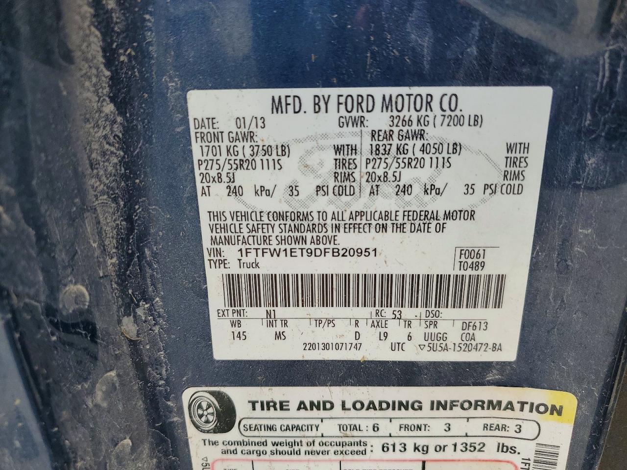 2013 Ford F150 Supercrew Blue vin: 1FTFW1ET9DFB20951