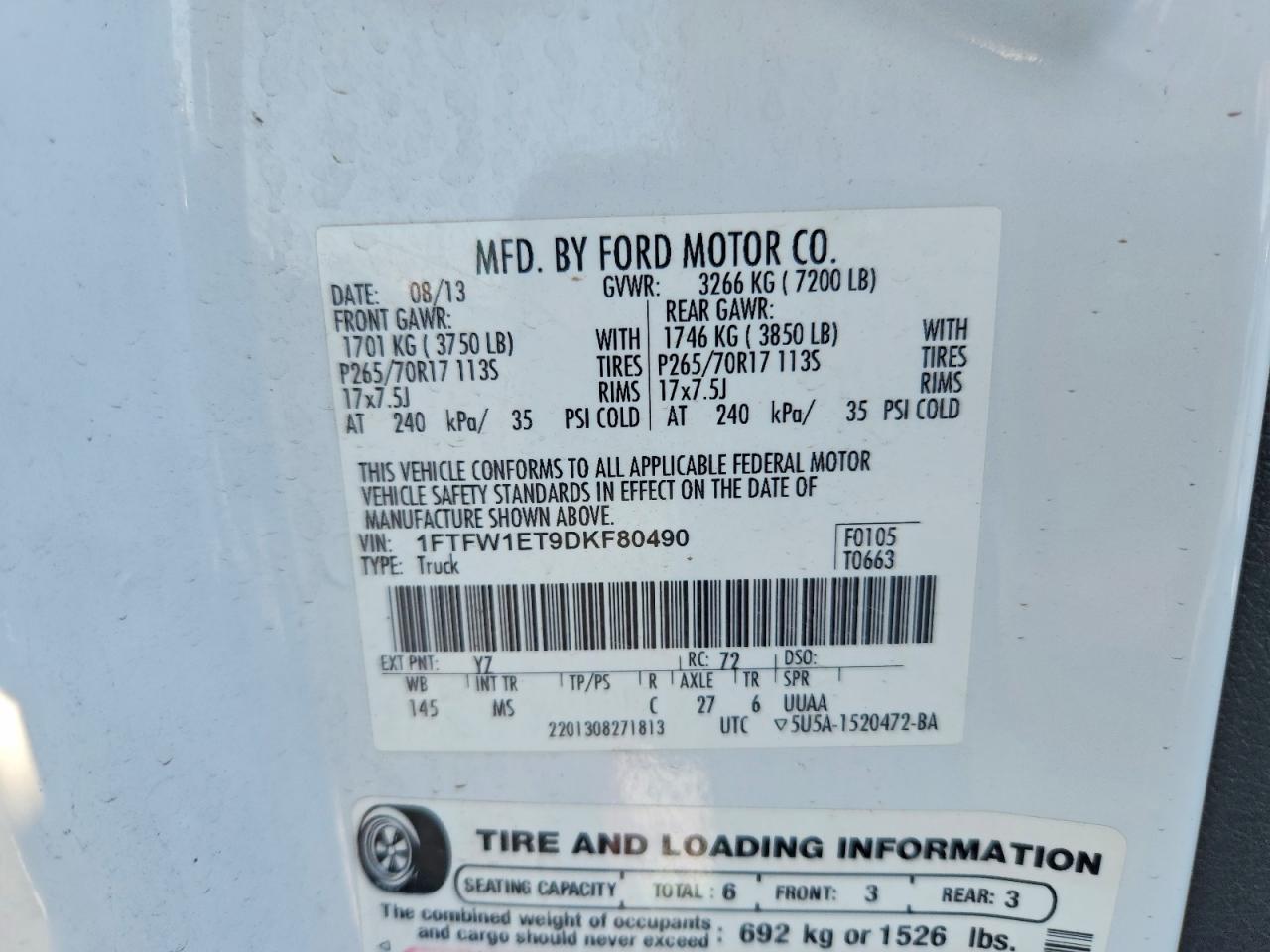 2013 Ford F150 Supercrew White vin: 1FTFW1ET9DKF80490