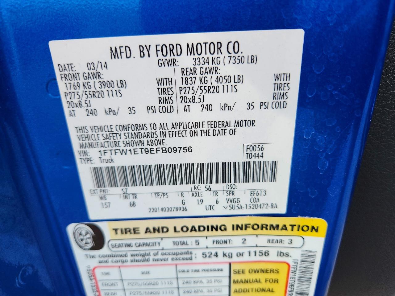 2014 Ford F-150 Supercrew Blue vin: 1FTFW1ET9EFB09756