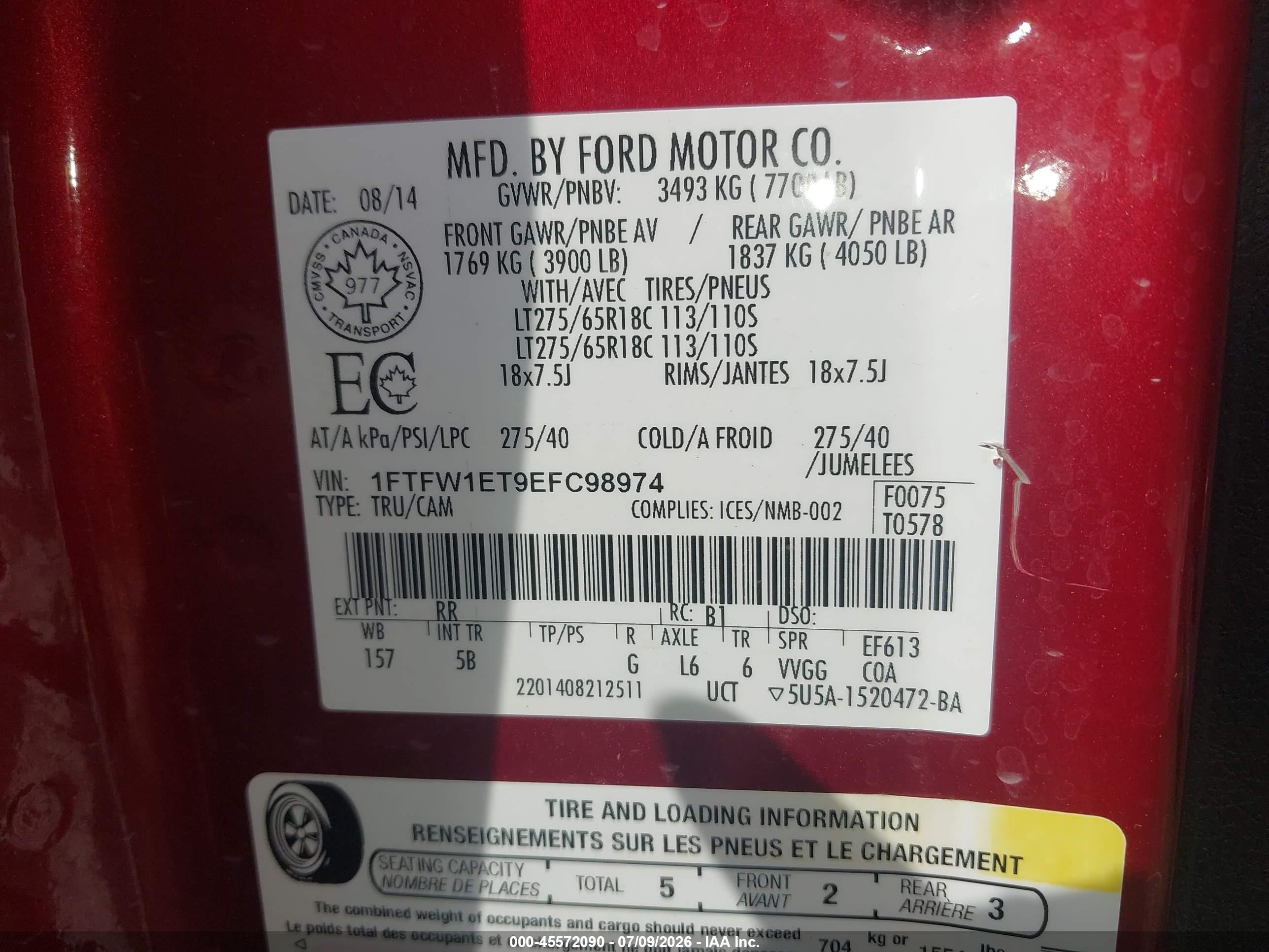 2014 Ford F-150 Fx4/king Ranch/lariat/limited/platinum/xl/xlt Red vin: 1FTFW1ET9EFC98974