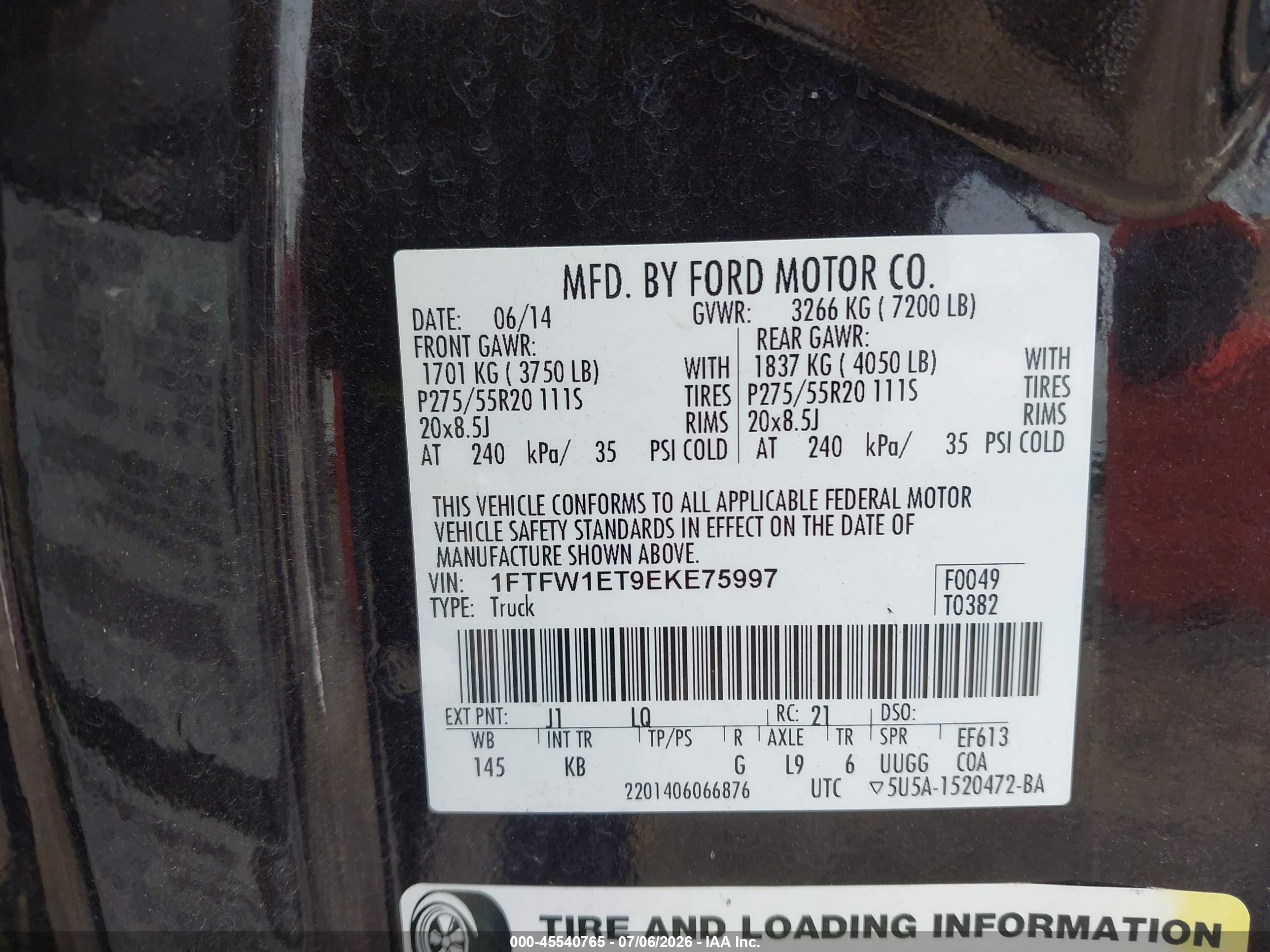 2014 Ford F-150 Fx4/king Ranch/lariat/limited/platinum/xl/xlt Brown vin: 1FTFW1ET9EKE75997