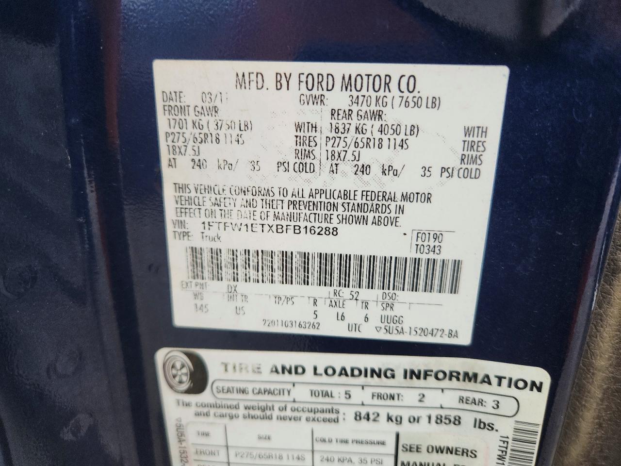 2011 Ford F150 Supercrew Blue vin: 1FTFW1ETXBFB16288
