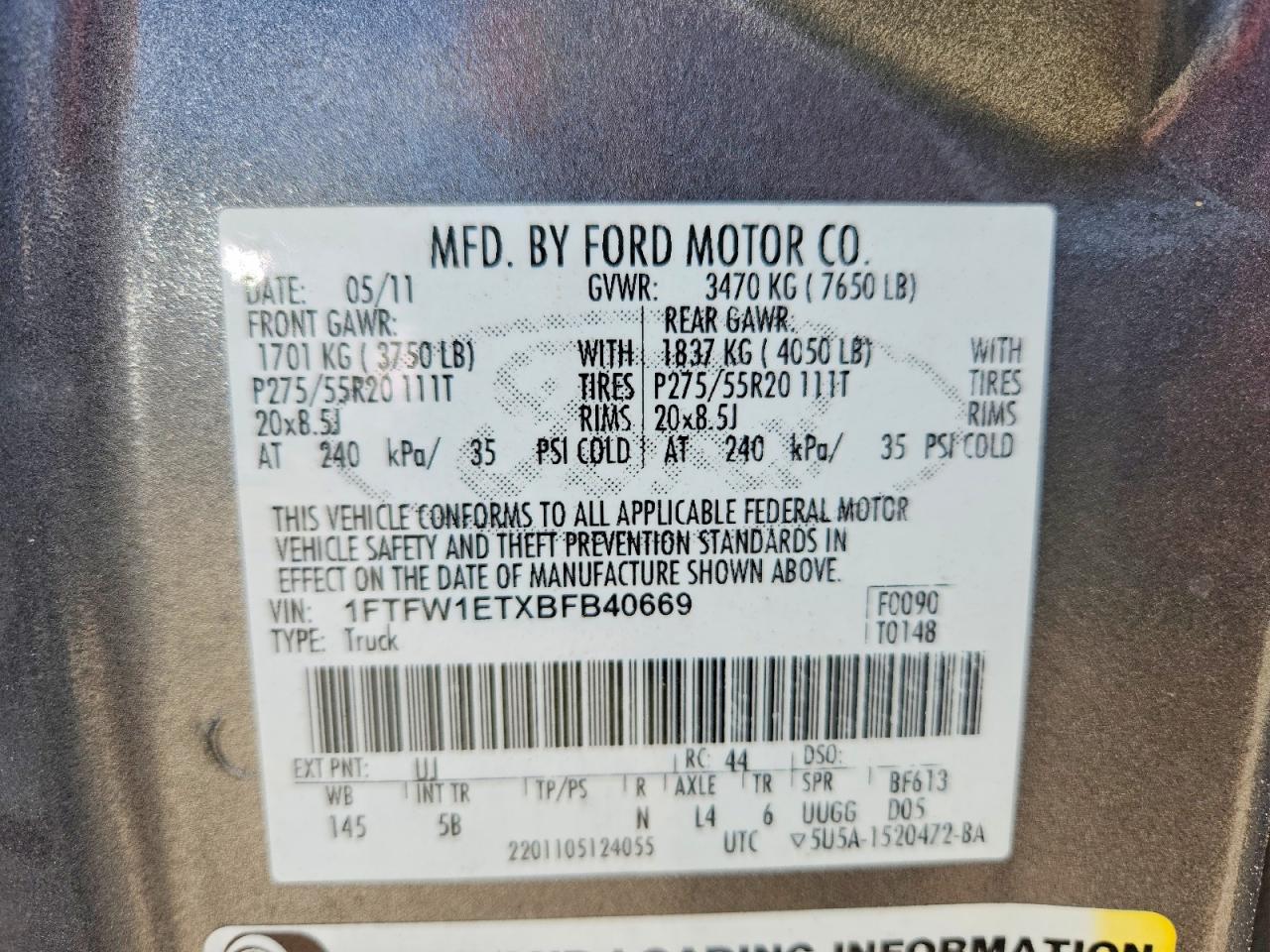 2011 Ford F150 Supercrew Gray vin: 1FTFW1ETXBFB40669
