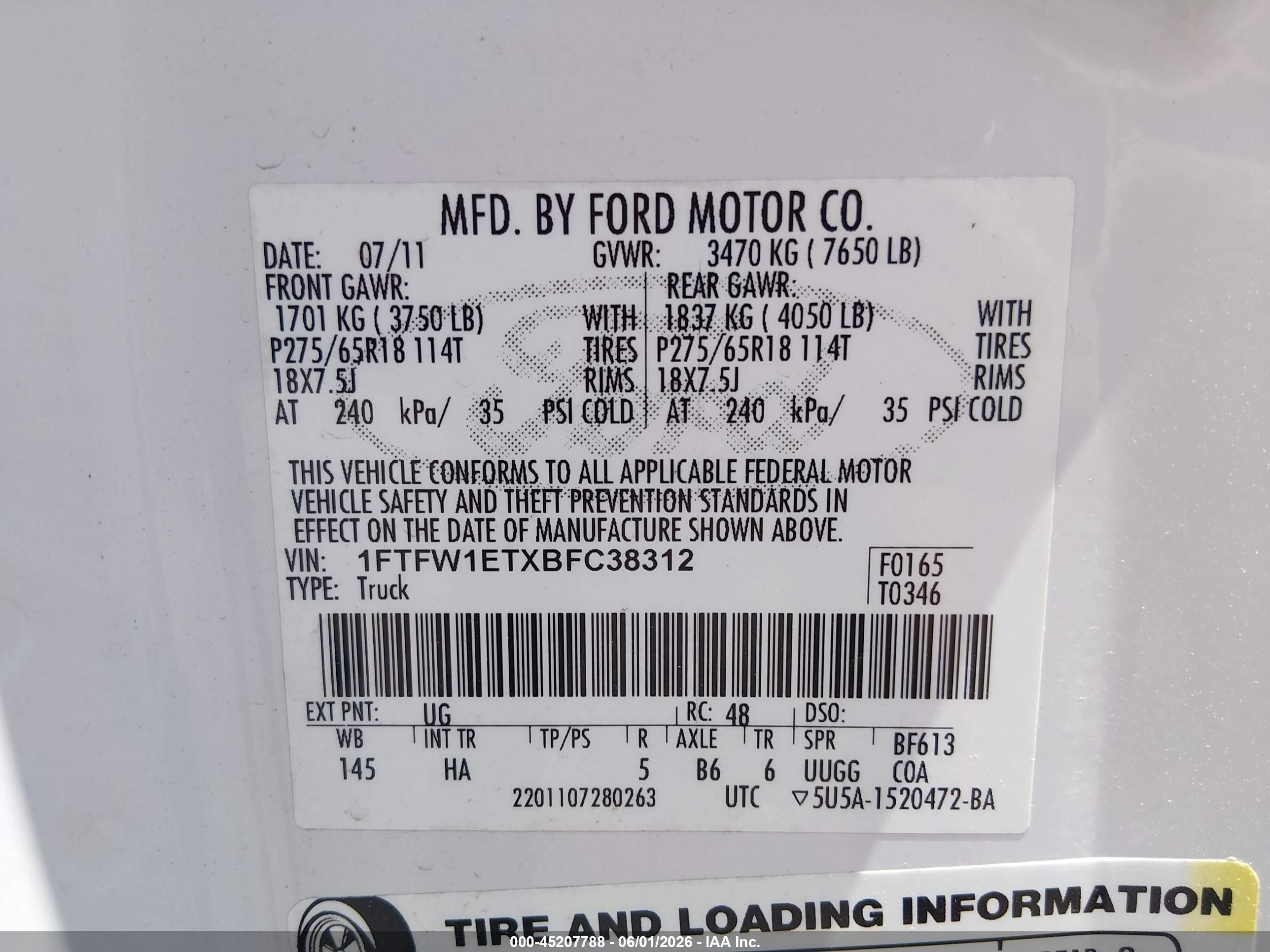 2011 Ford F-150 Lariat White vin: 1FTFW1ETXBFC38312