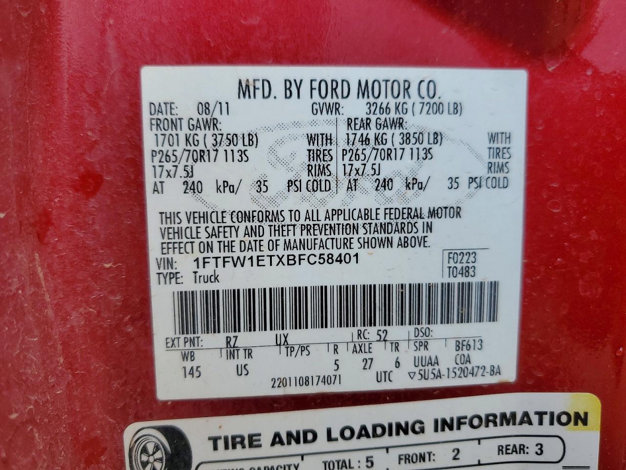 2011 Ford F150 Supercrew Красный vin: 1FTFW1ETXBFC58401