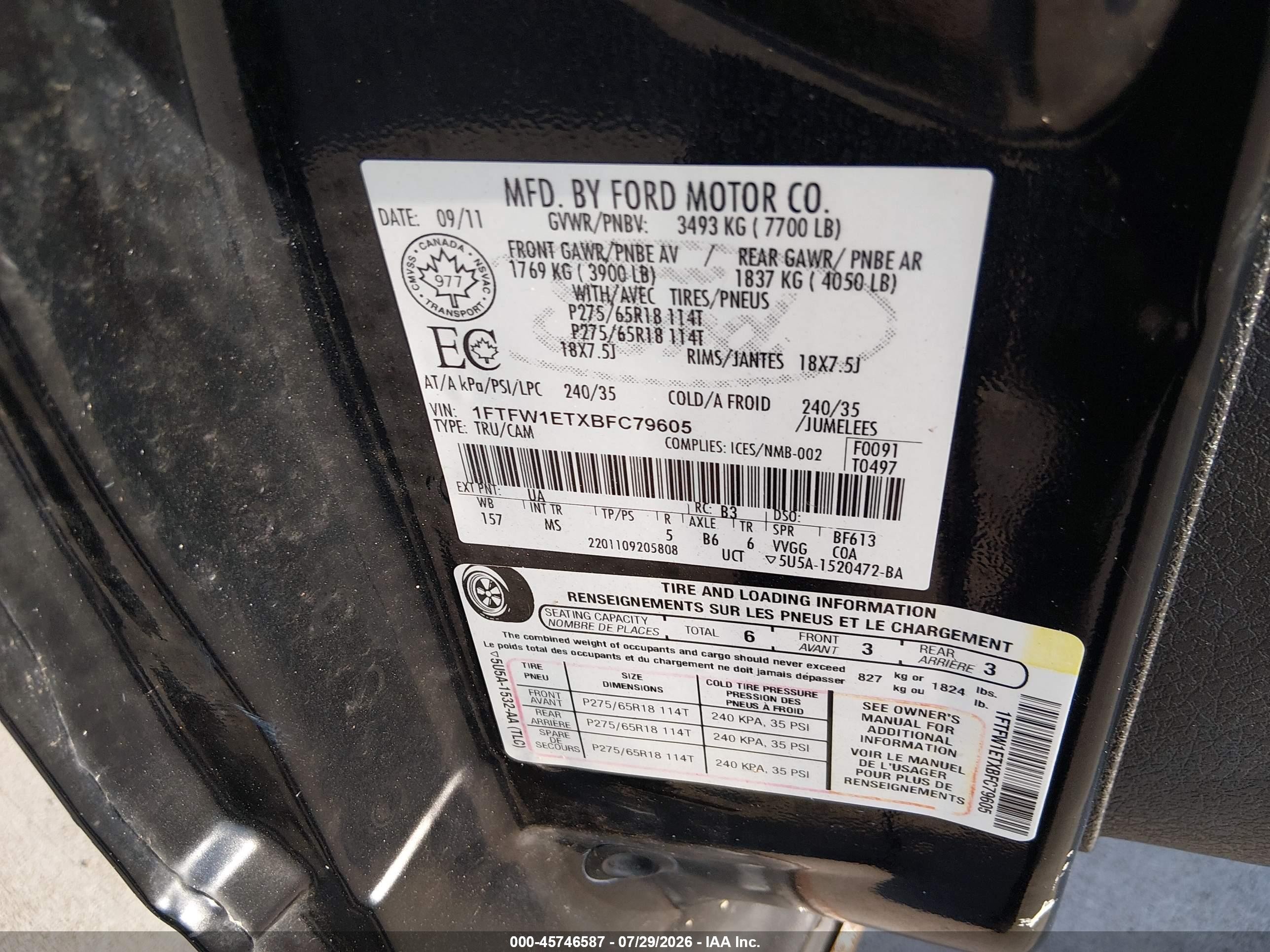 2011 Ford F-150 Xlt Черный vin: 1FTFW1ETXBFC79605
