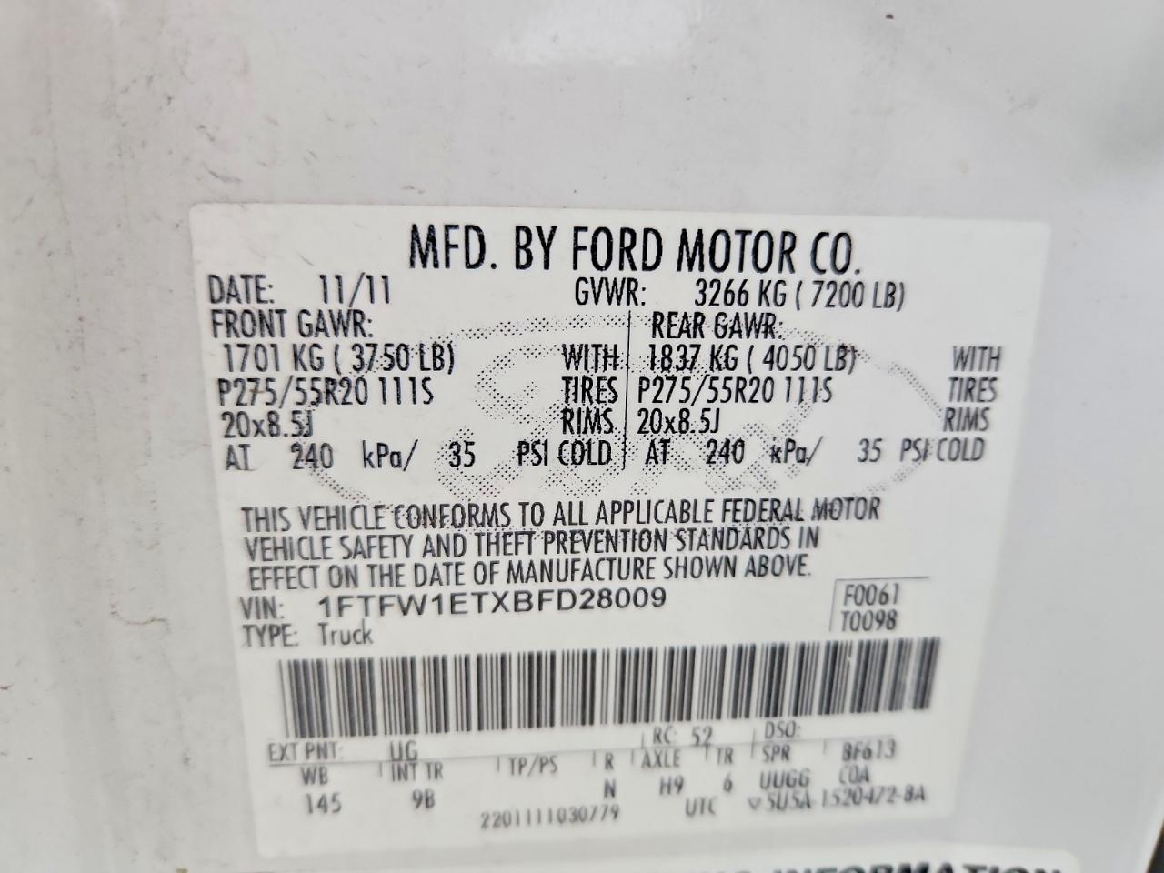 2011 Ford F150 Supercrew White vin: 1FTFW1ETXBFD28009