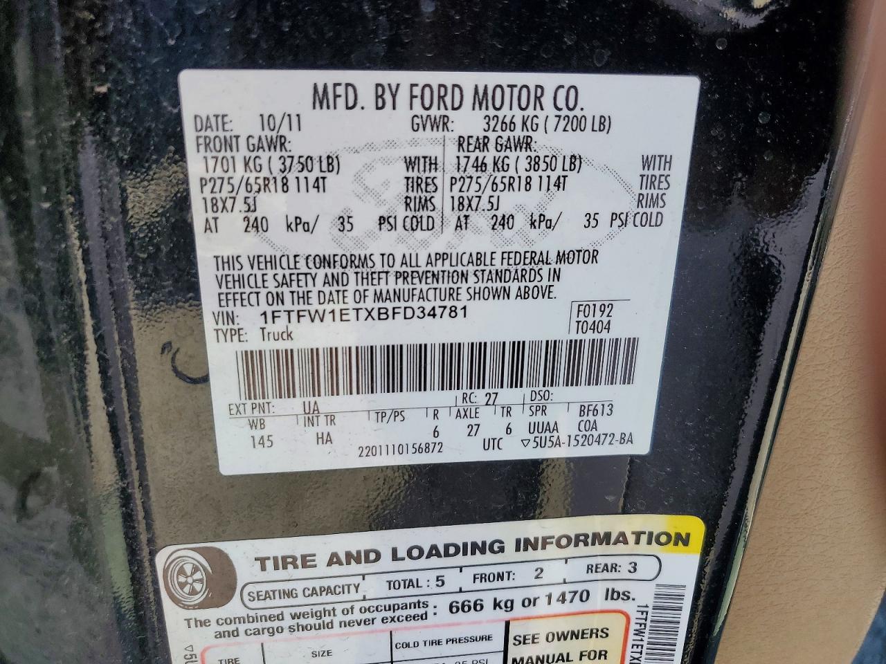 2011 Ford F150 Supercrew Black vin: 1FTFW1ETXBFD34781