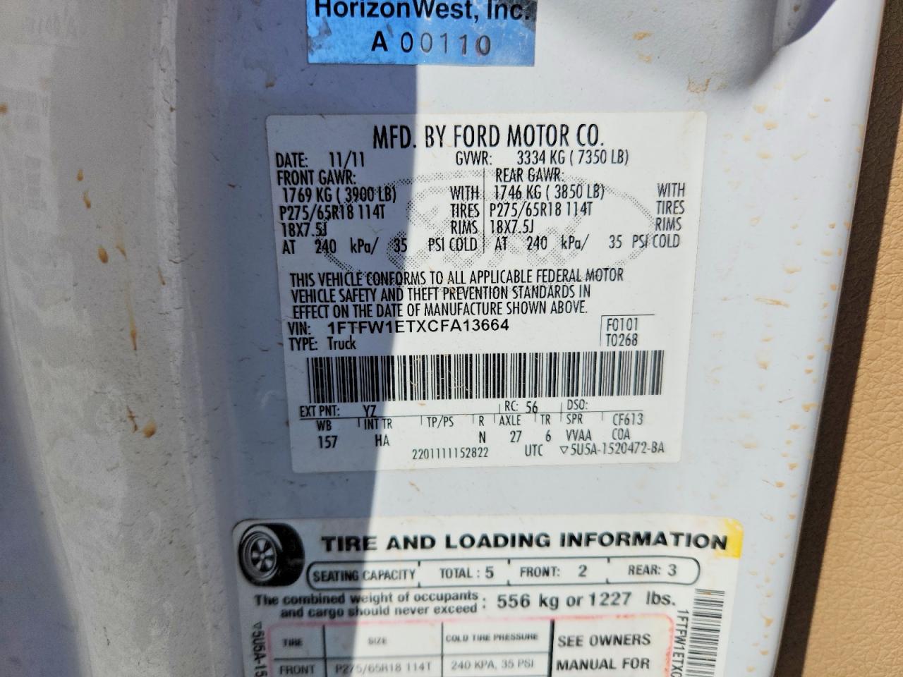 2012 Ford F150 Supercrew White vin: 1FTFW1ETXCFA13664