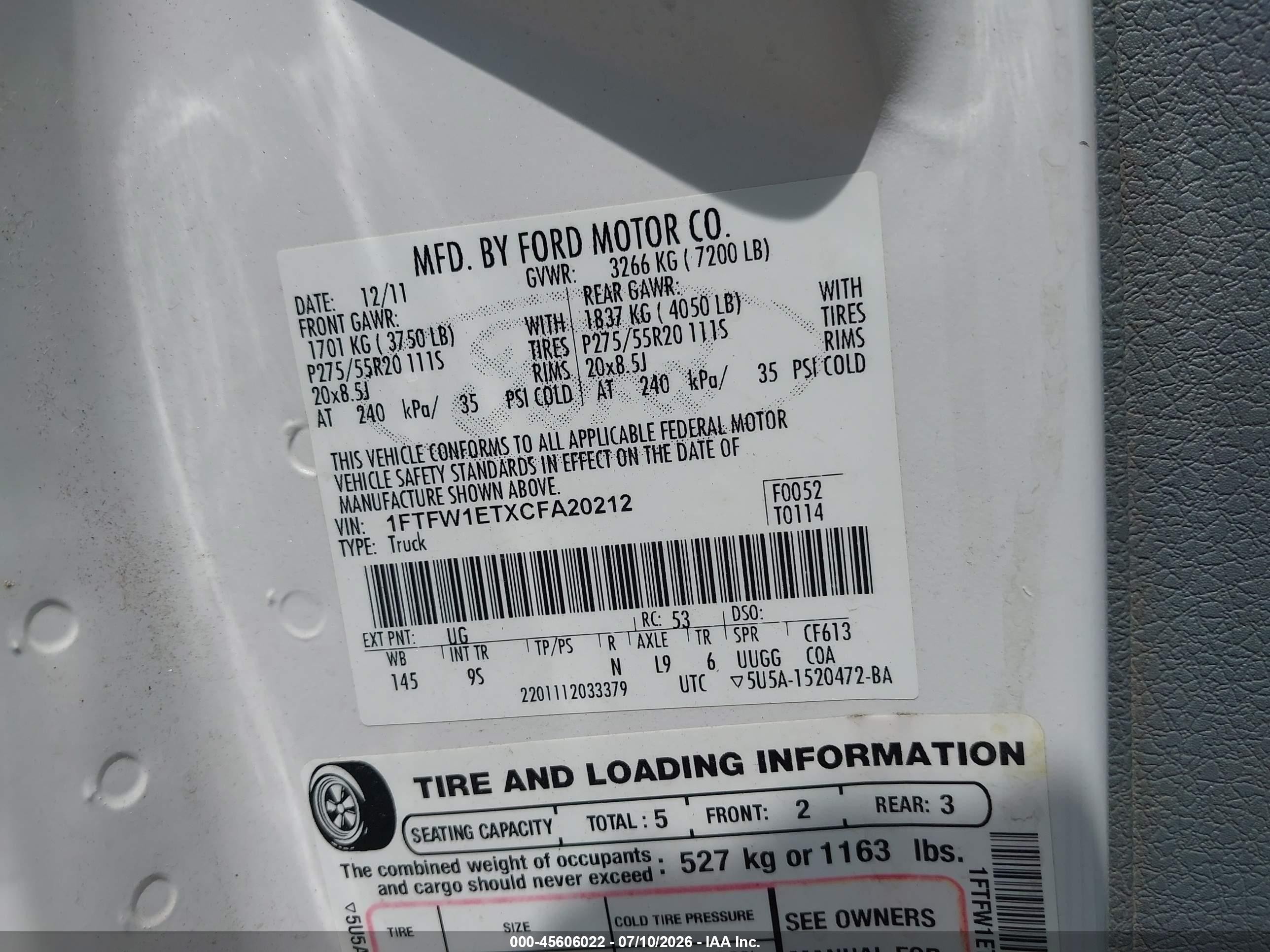 2012 Ford F-150 Platinum White vin: 1FTFW1ETXCFA20212
