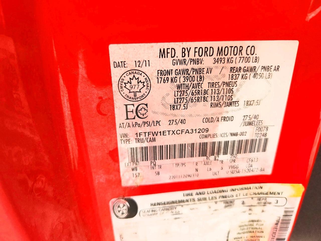2012 Ford F150 Supercrew Red vin: 1FTFW1ETXCFA31209