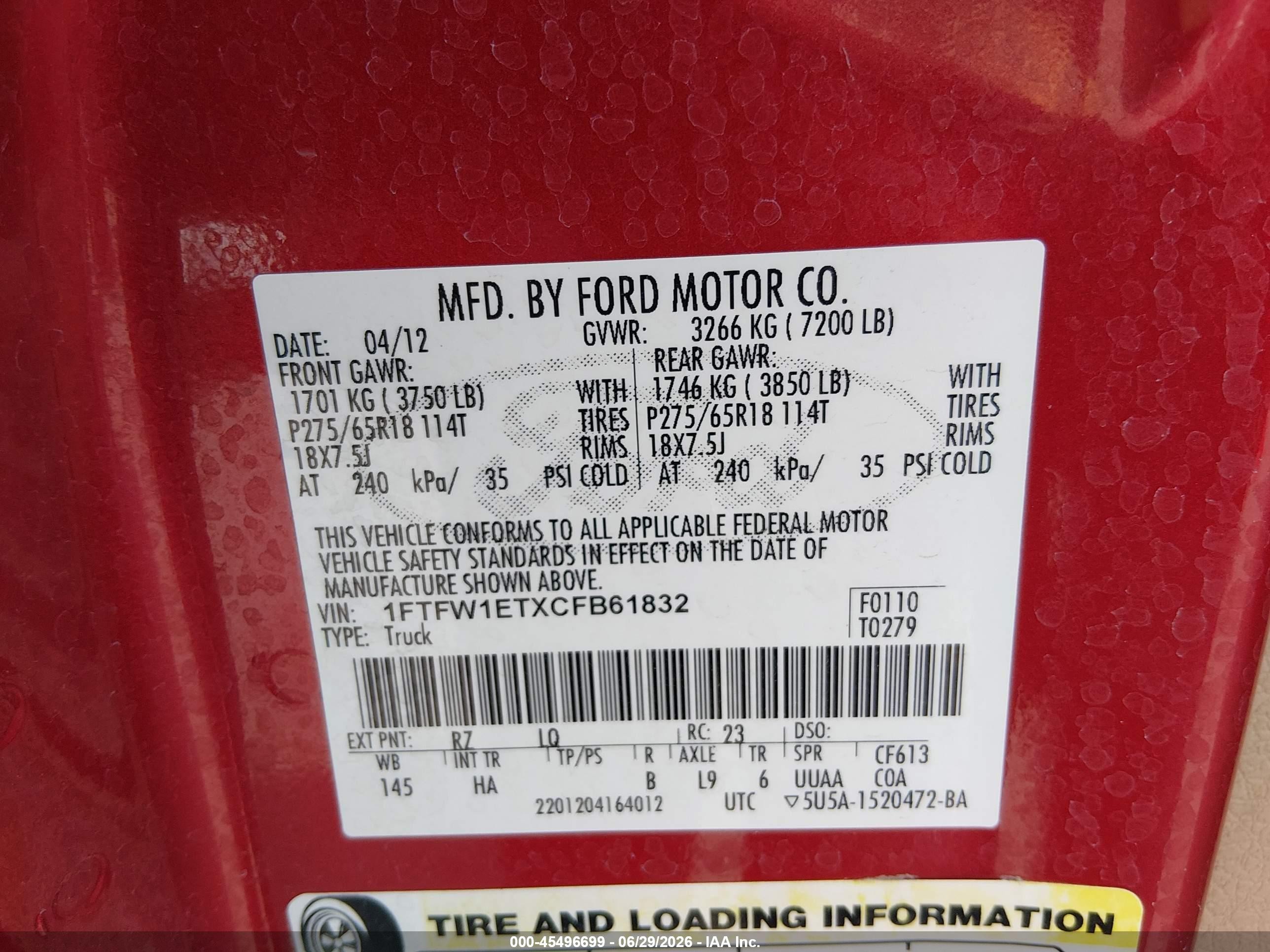 2012 Ford F-150 Fx4/king Ranch/lariat/platinum/xl/xlt Красный vin: 1FTFW1ETXCFB61832
