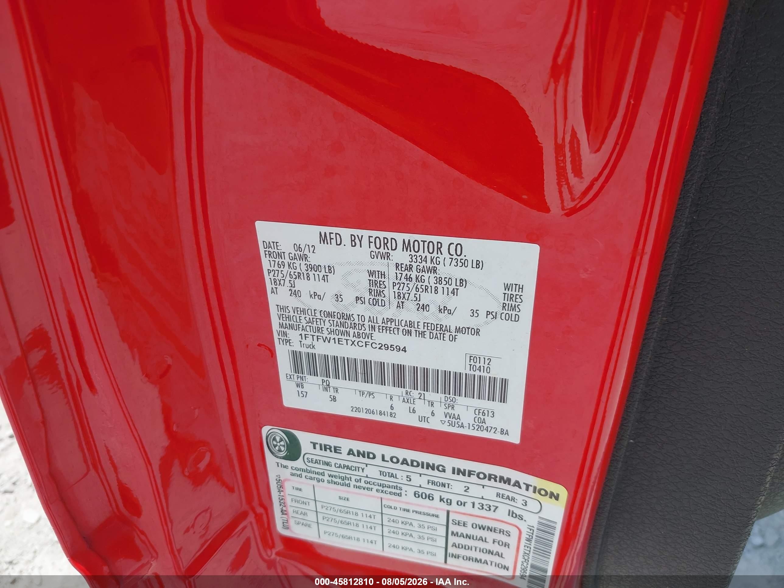 2012 Ford F-150 Fx4 Red vin: 1FTFW1ETXCFC29594