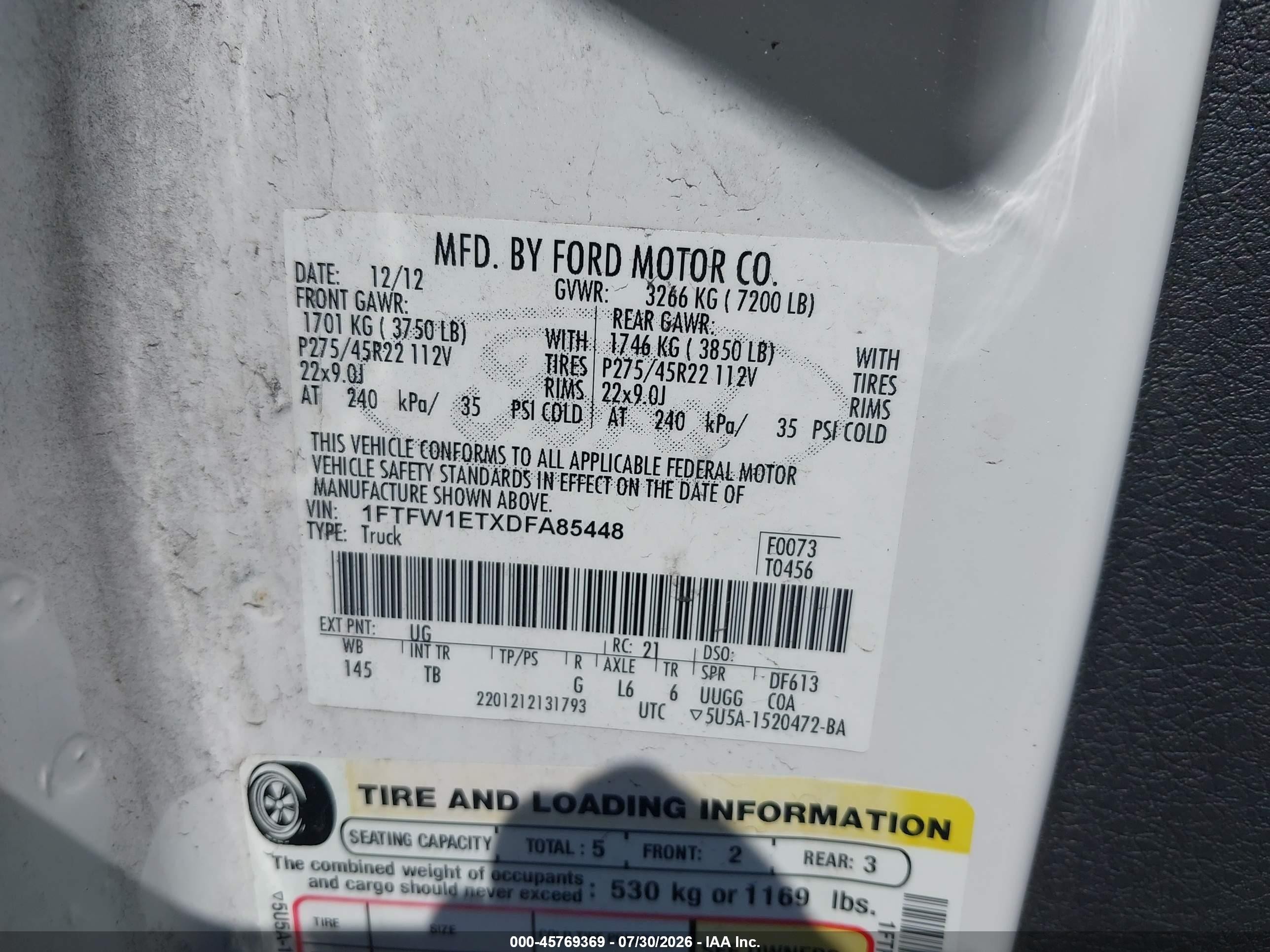 2013 Ford F-150 Limited White vin: 1FTFW1ETXDFA85448