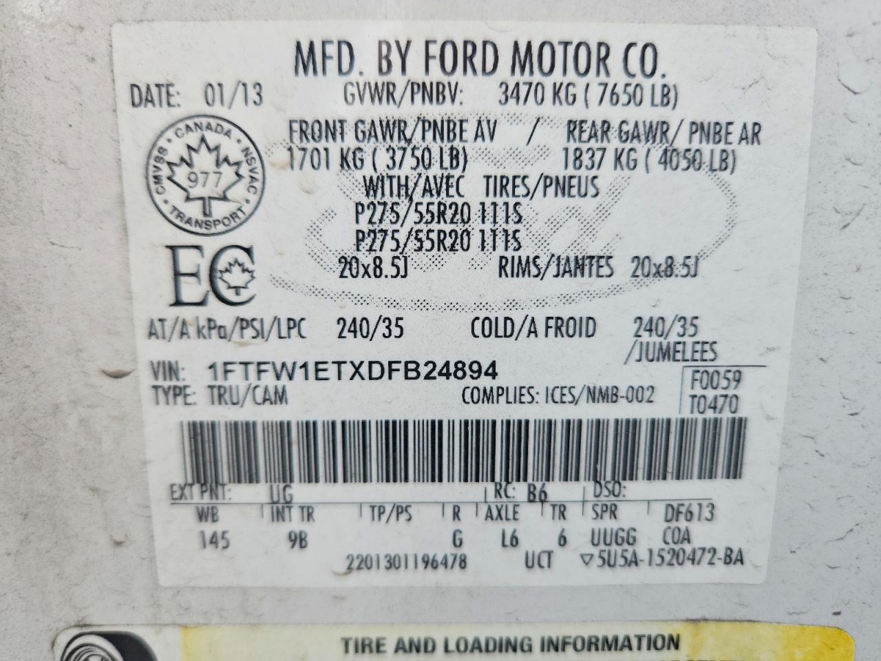 2013 Ford F150 Supercrew White vin: 1FTFW1ETXDFB24894