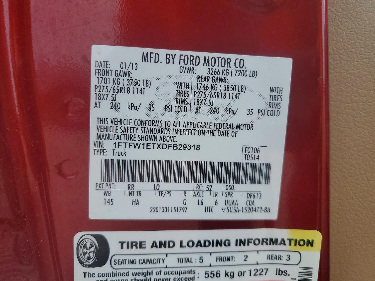 2013 Ford F150 Supercrew Red vin: 1FTFW1ETXDFB29318