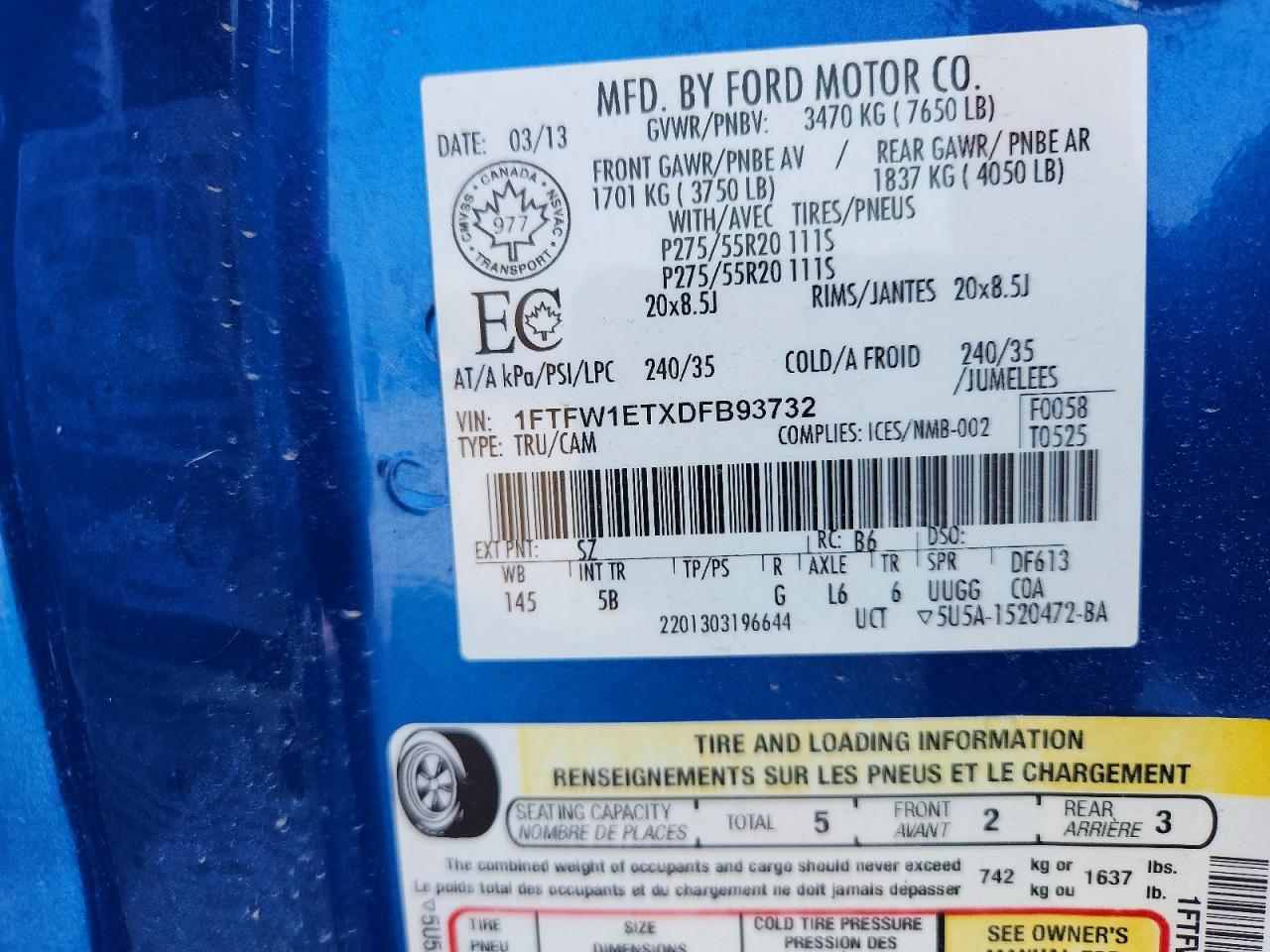 2013 Ford F150 Supercrew Blue vin: 1FTFW1ETXDFB93732