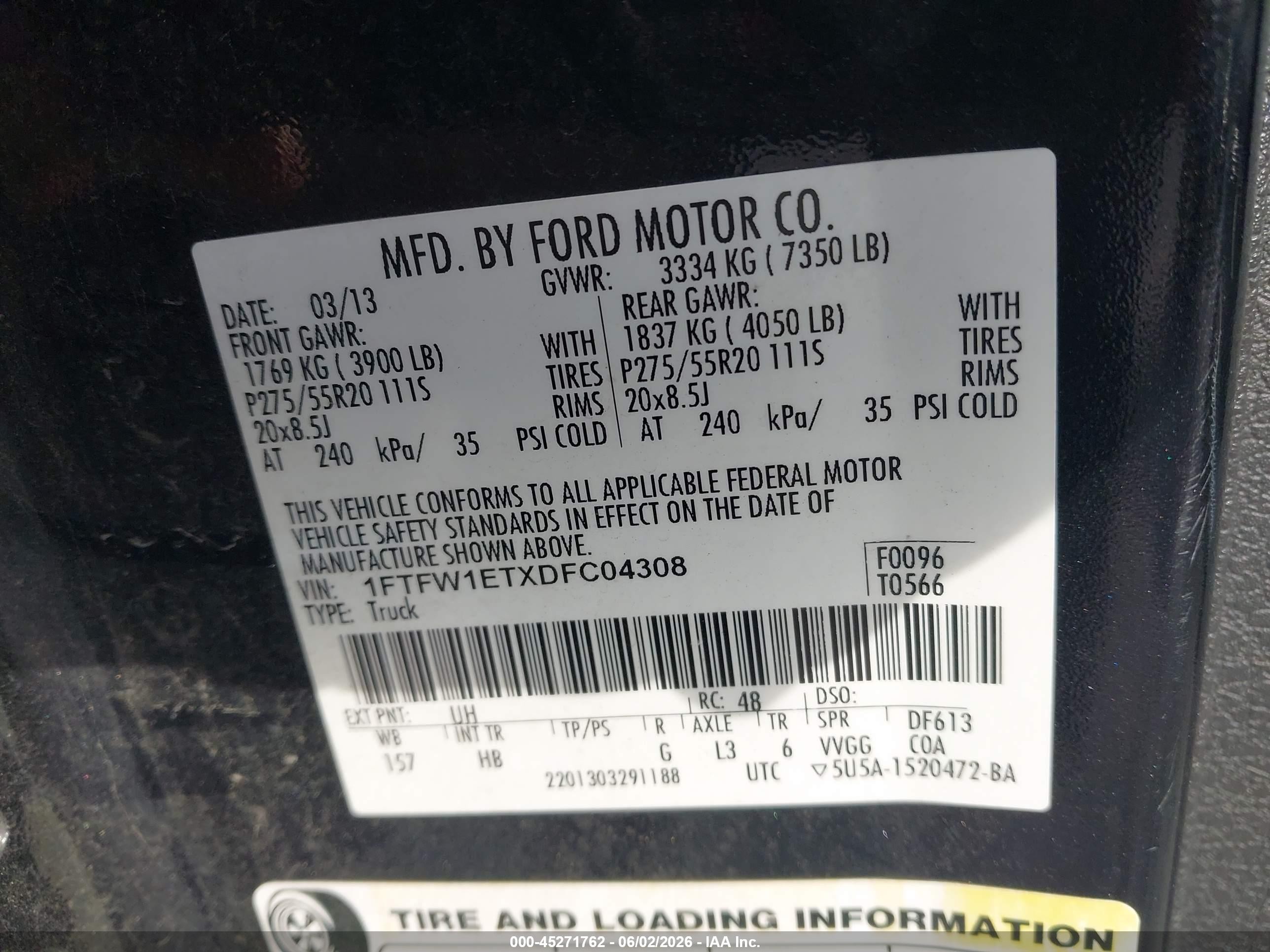 2013 Ford F-150 Lariat Черный vin: 1FTFW1ETXDFC04308