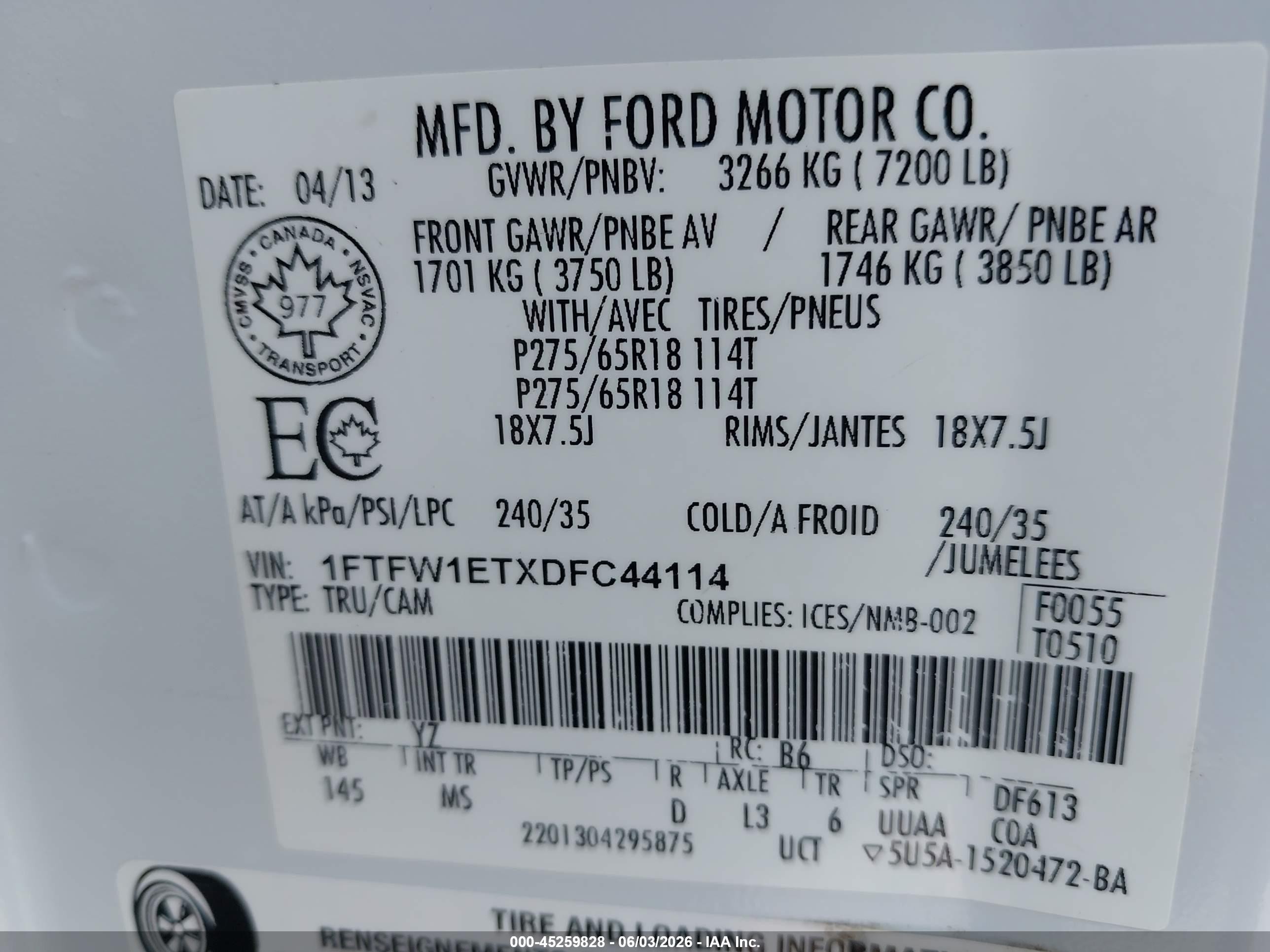 2013 Ford F-150 Xlt White vin: 1FTFW1ETXDFC44114