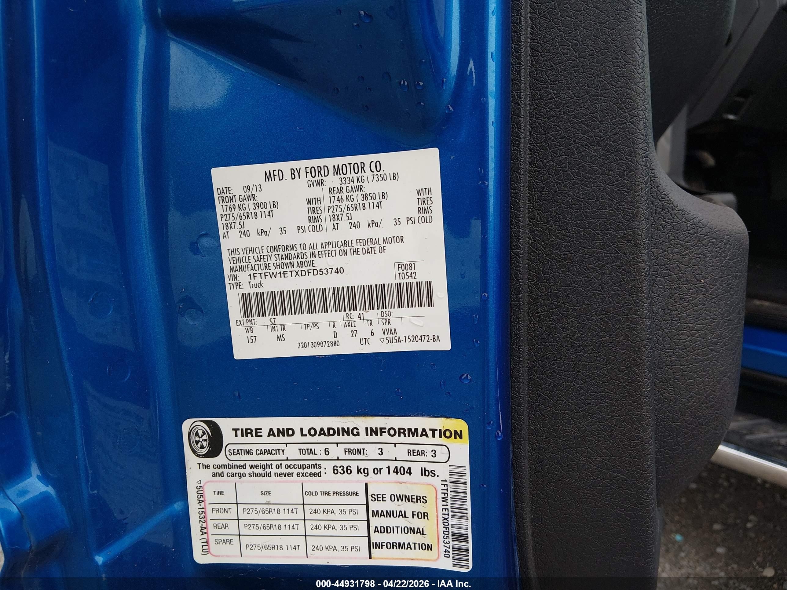2013 Ford F-150 Xlt Blue vin: 1FTFW1ETXDFD53740