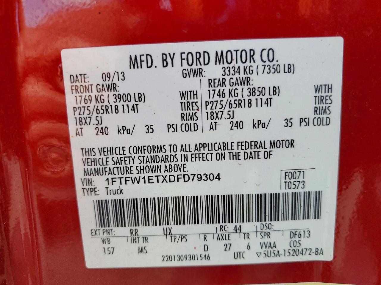 2013 Ford F150 Supercrew Red vin: 1FTFW1ETXDFD79304