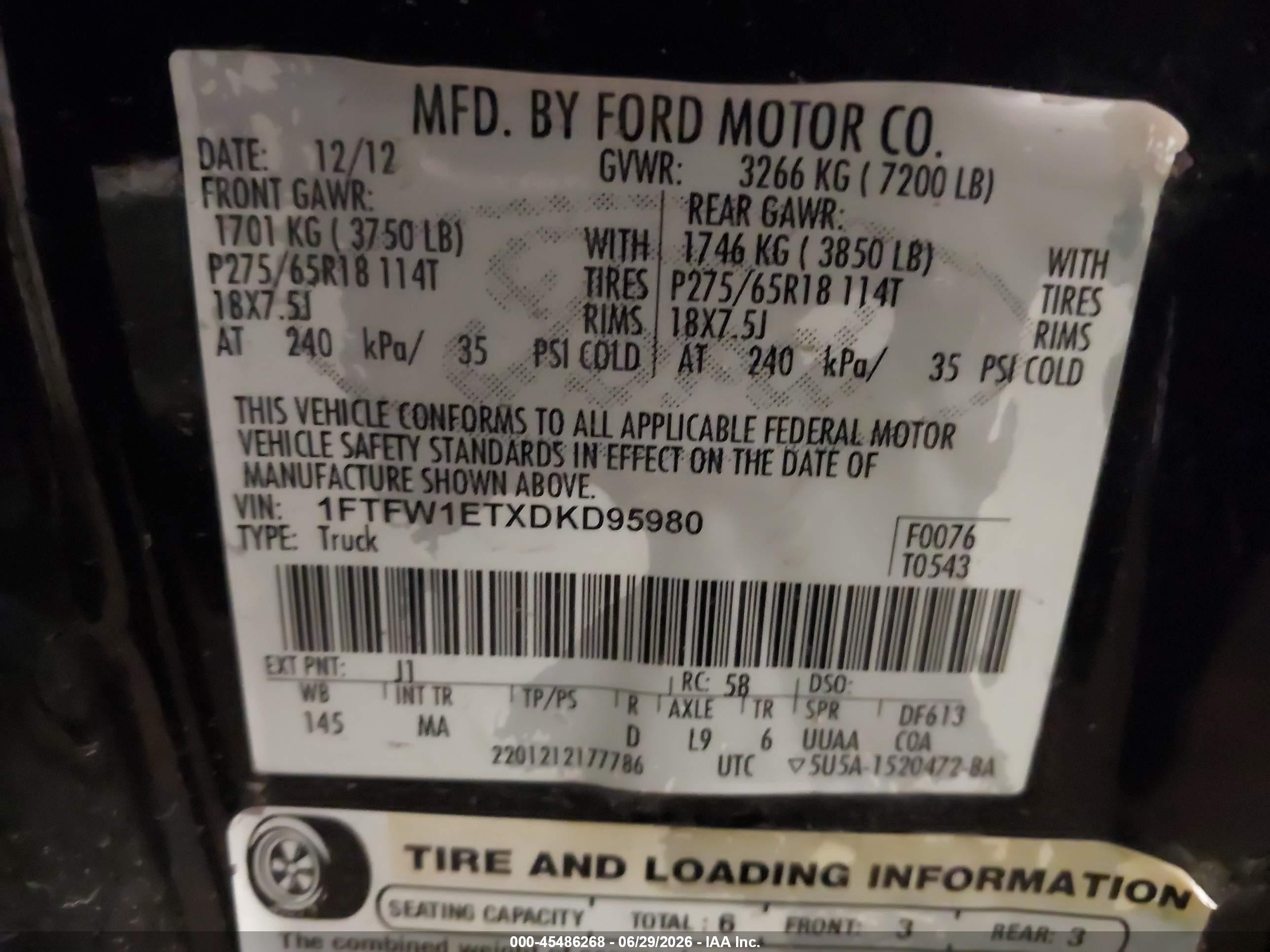 2013 Ford F-150 Fx4/king Ranch/lariat/limited/platinum/xl/xlt Черный vin: 1FTFW1ETXDKD95980