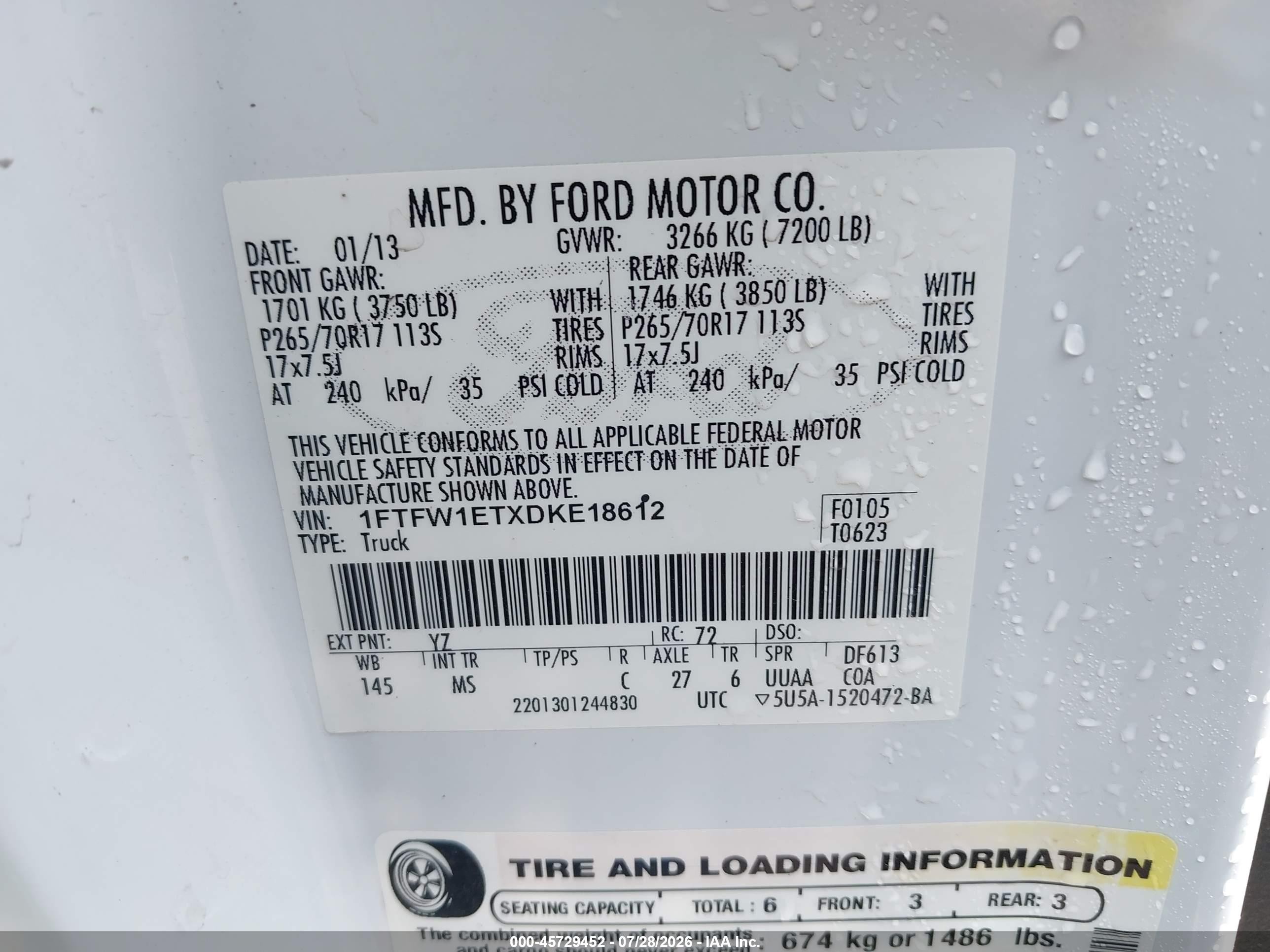 2013 Ford F-150 Xlt Белый vin: 1FTFW1ETXDKE18612