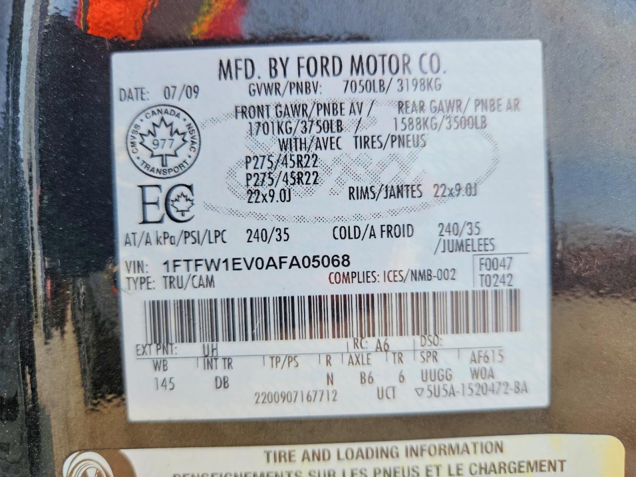 2010 Ford F150 Supercrew Black vin: 1FTFW1EV0AFA05068