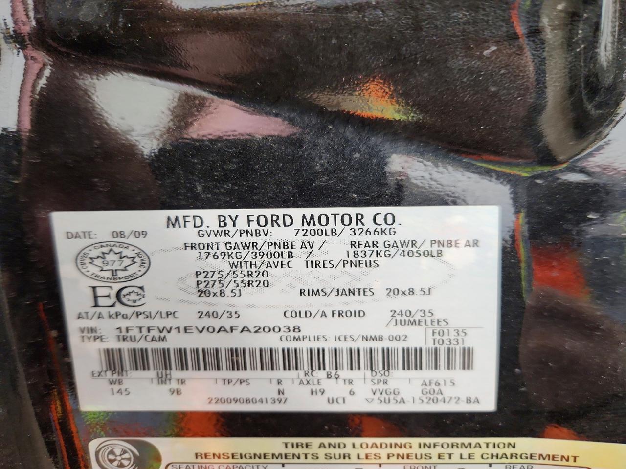 2010 Ford F150 Supercrew Black vin: 1FTFW1EV0AFA20038