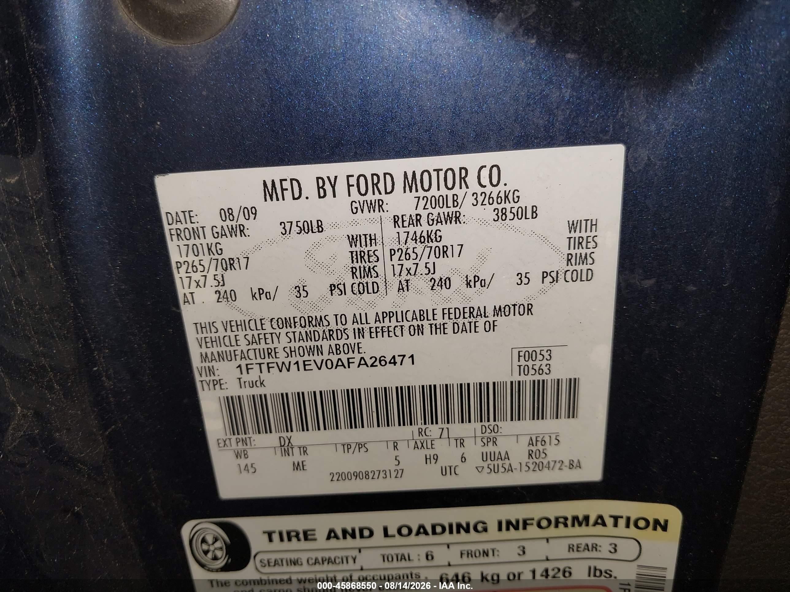 2010 Ford F-150 Fx4/harley-davidson/king Ranch/lariat/platinum/xl/xlt Blue vin: 1FTFW1EV0AFA26471