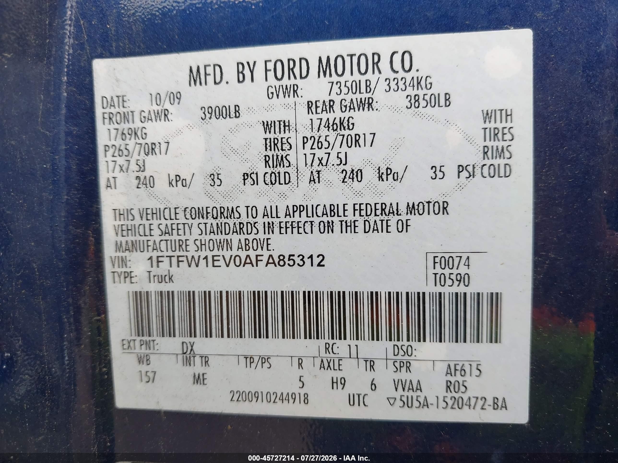 2010 Ford F-150 Fx4/harley-davidson/king Ranch/lariat/platinum/xl/xlt Blue vin: 1FTFW1EV0AFA85312