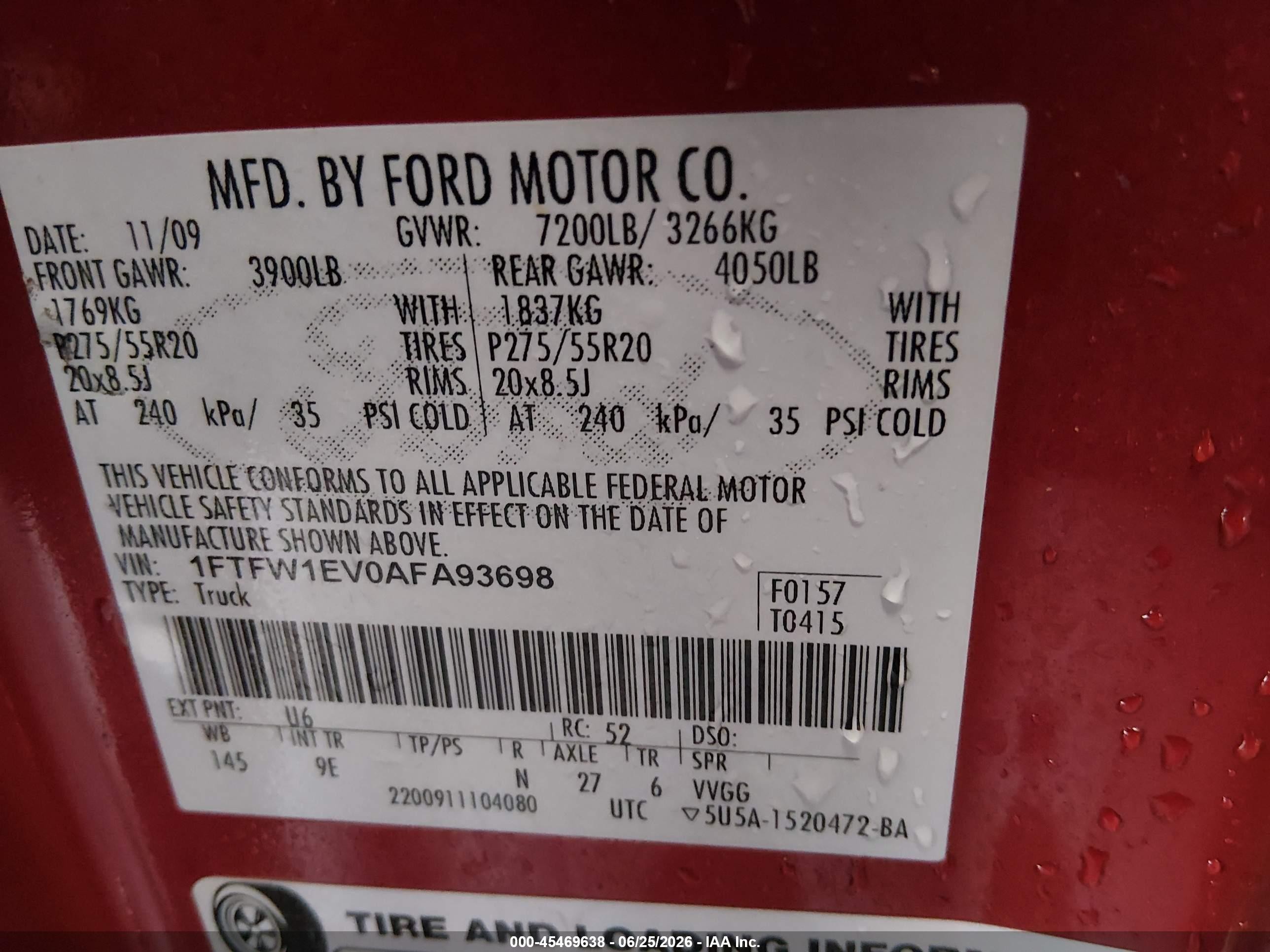 2010 Ford F-150 Fx4/harley-davidson/king Ranch/lariat/platinum/xl/xlt Red vin: 1FTFW1EV0AFA93698