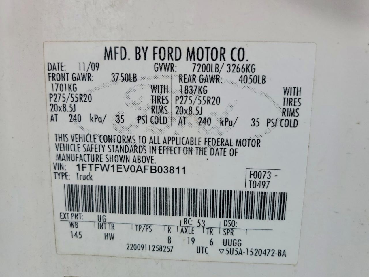 2010 Ford F150 Supercrew White vin: 1FTFW1EV0AFB03811