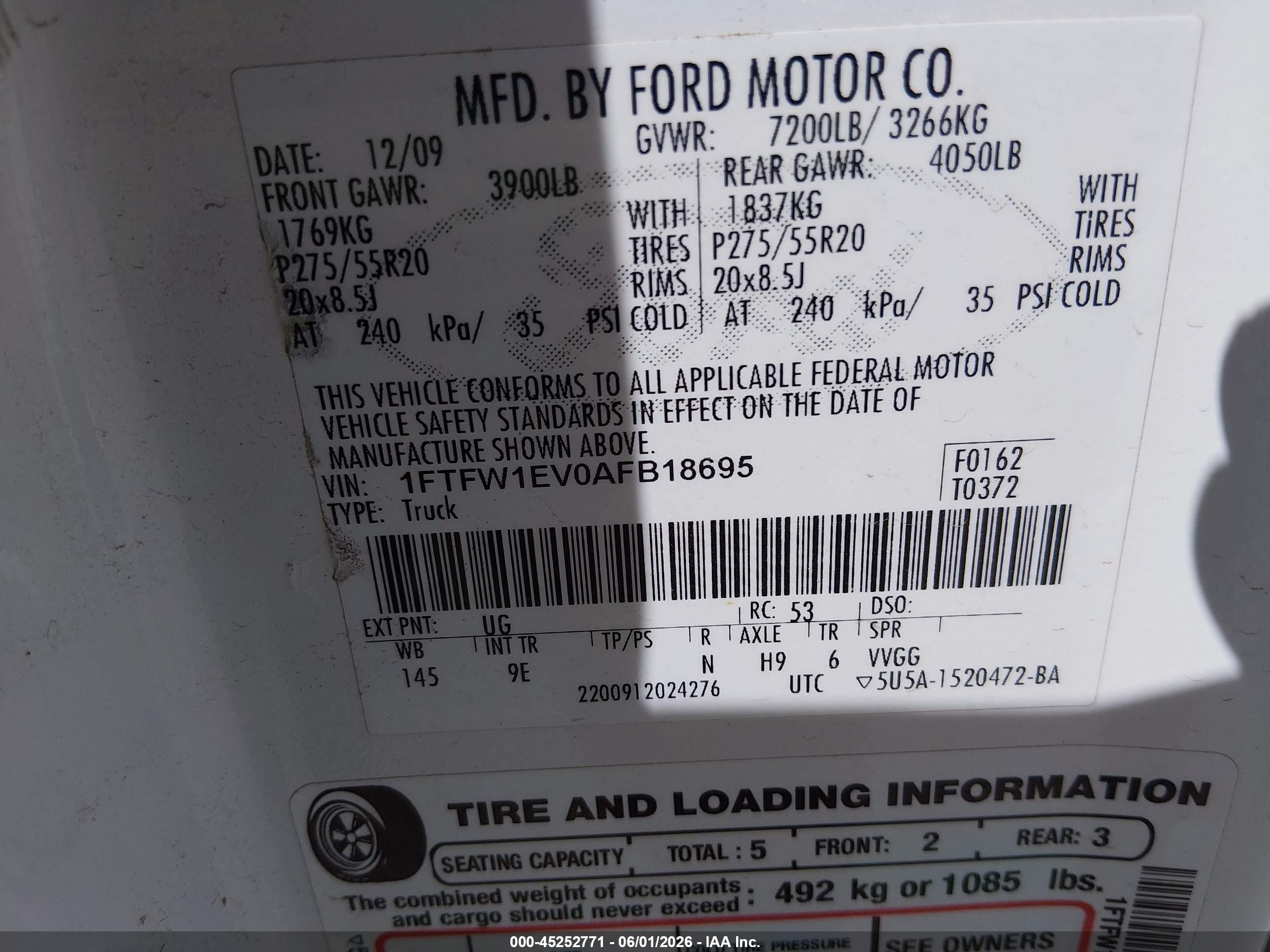 2010 Ford F-150 Fx4/harley-davidson/king Ranch/lariat/platinum/xl/xlt White vin: 1FTFW1EV0AFB18695