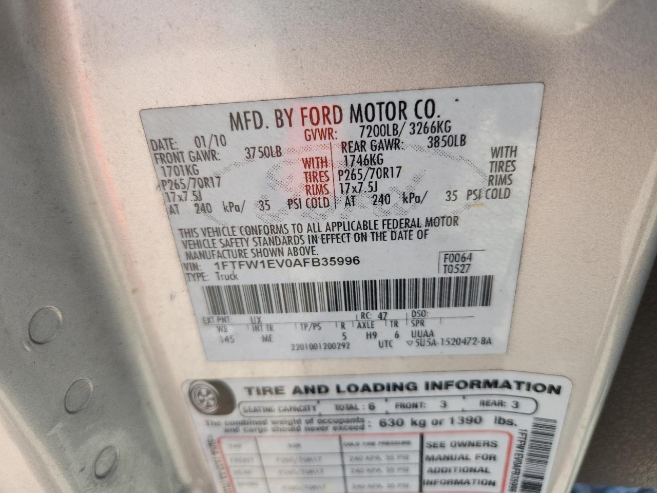 2010 Ford F150 Supercrew Silver vin: 1FTFW1EV0AFB35996