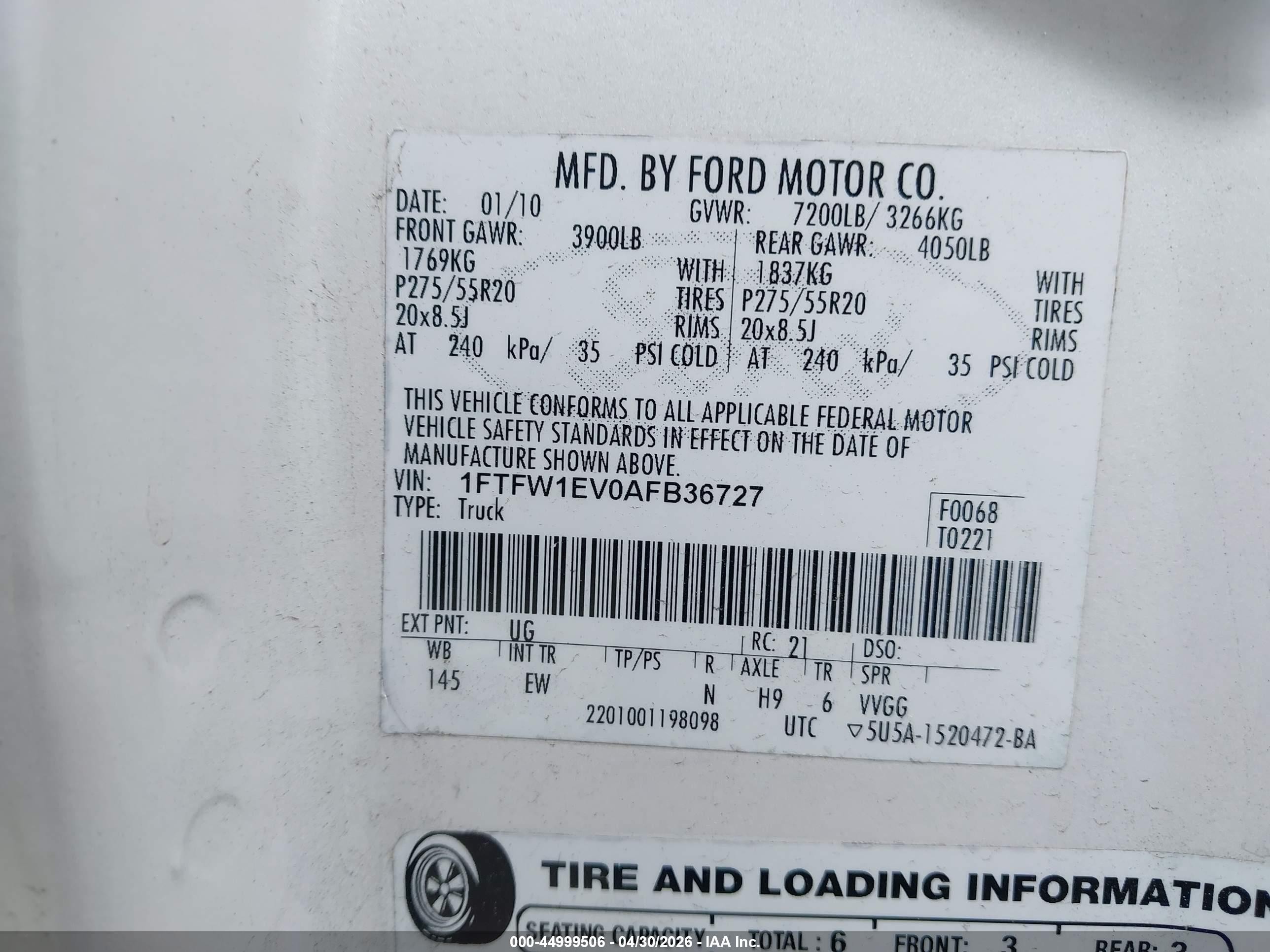 2010 Ford F-150 Fx4/harley-davidson/king Ranch/lariat/platinum/xl/xlt White vin: 1FTFW1EV0AFB36727