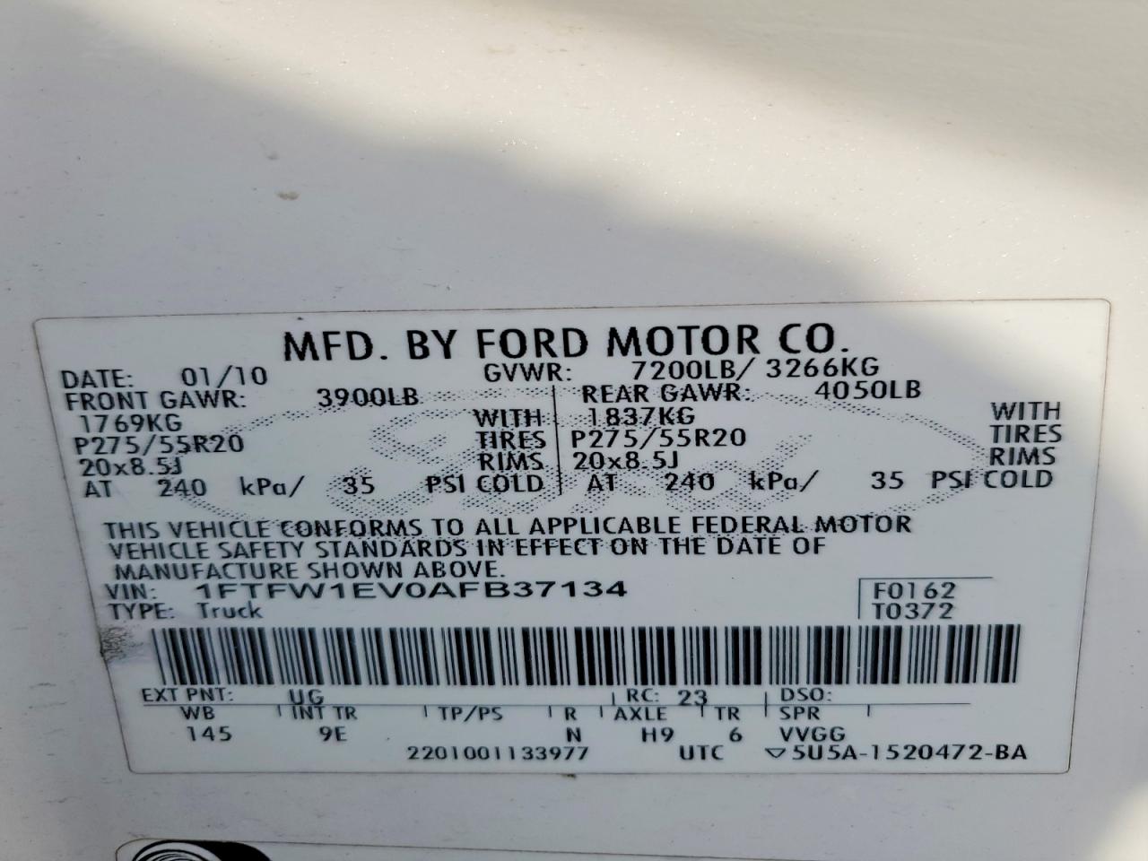 2010 Ford F150 Supercrew Белый vin: 1FTFW1EV0AFB37134