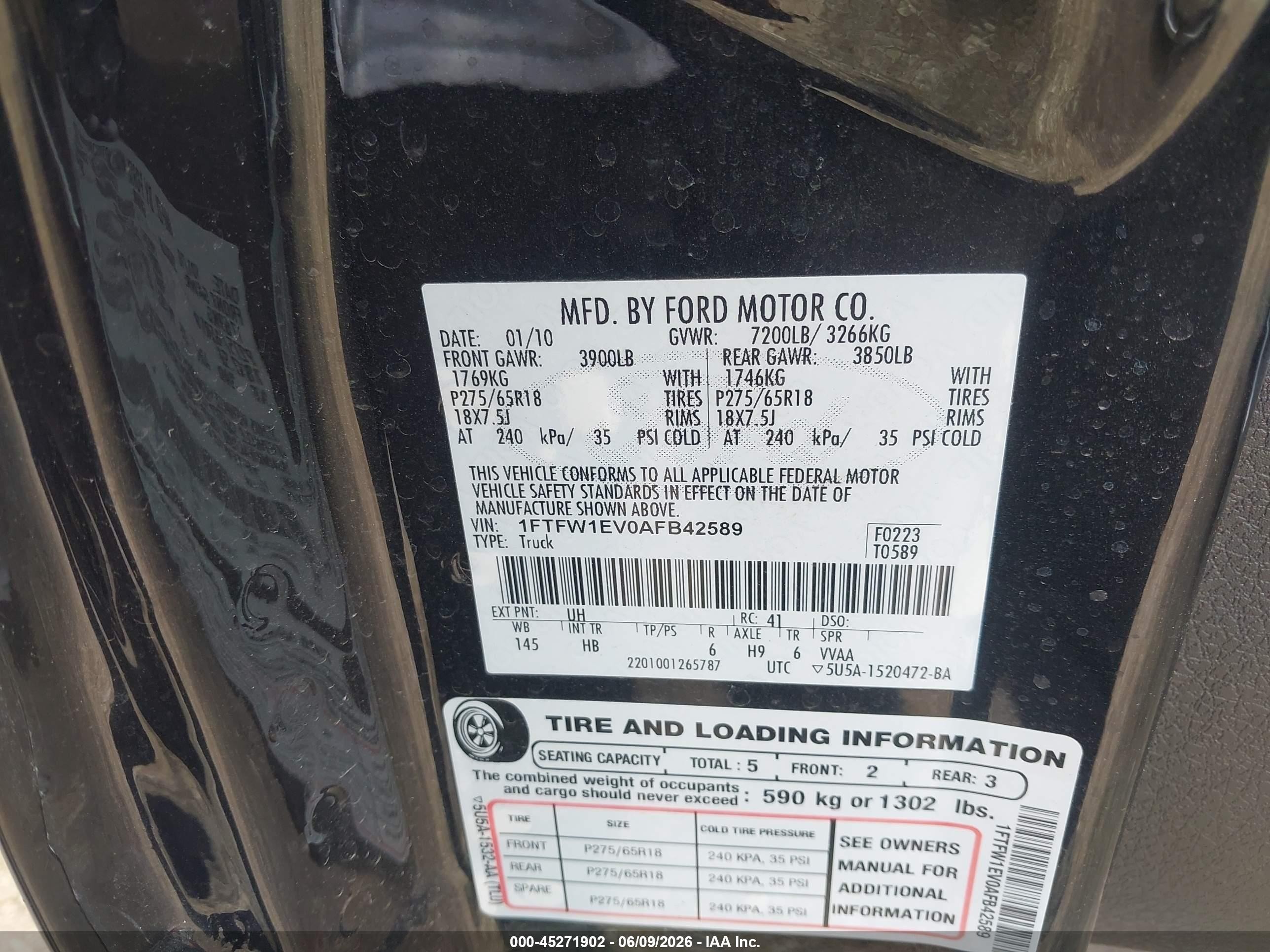 2010 Ford F-150 Fx4/harley-davidson/king Ranch/lariat/platinum/xl/xlt Black vin: 1FTFW1EV0AFB42589