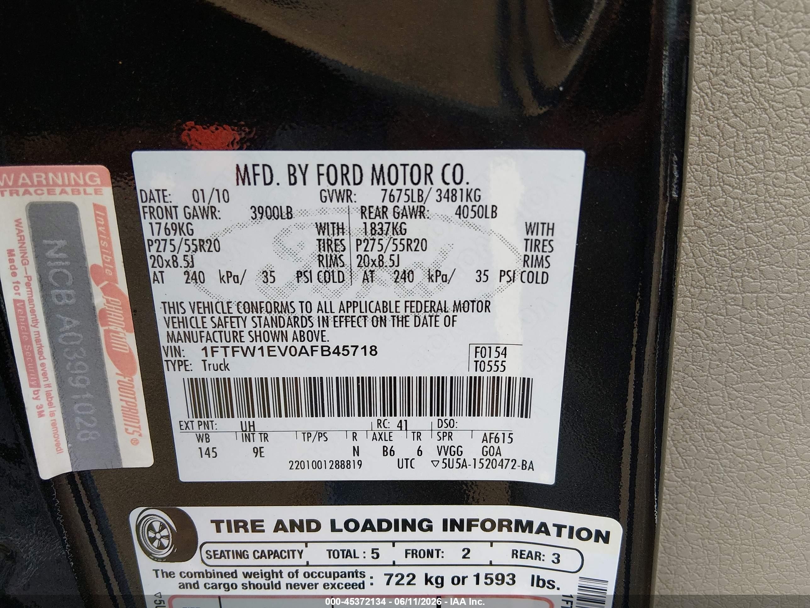 2010 Ford F-150 Fx4/harley-davidson/king Ranch/lariat/platinum/xl/xlt Black vin: 1FTFW1EV0AFB45718