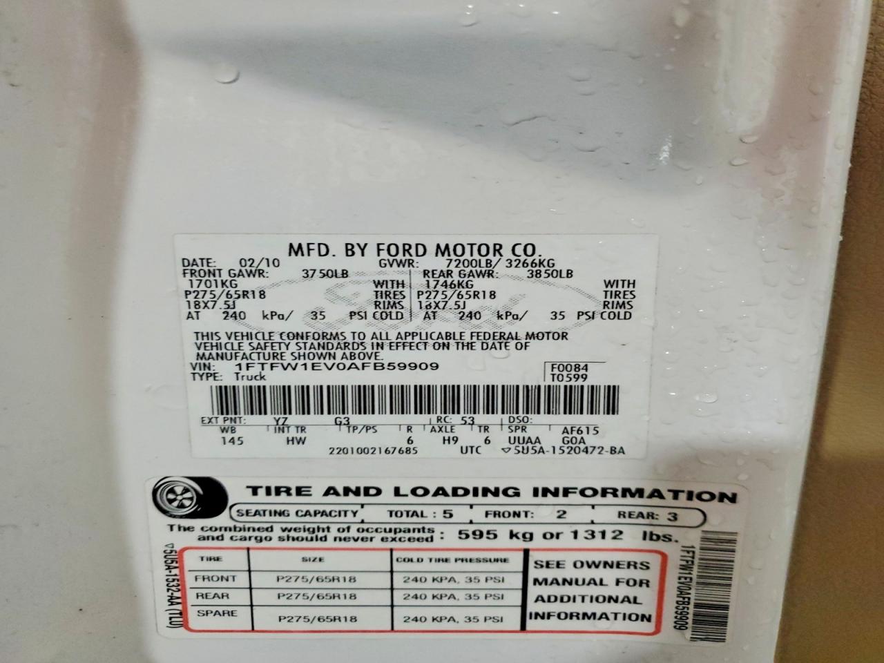 2010 Ford F150 Supercrew White vin: 1FTFW1EV0AFB59909